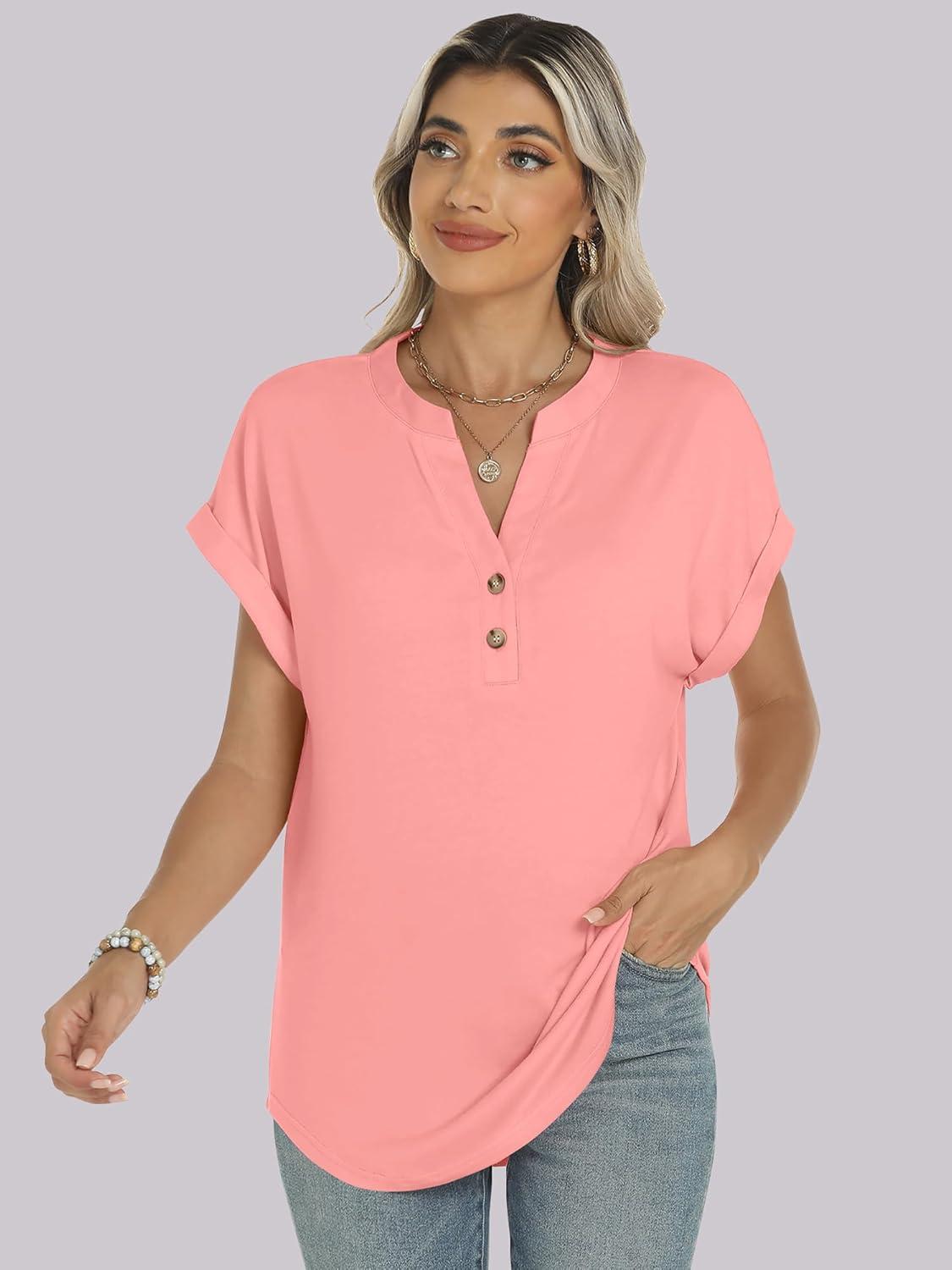 imageANRABESS Womens Short Sleeve Henley Tops V Neck Dressy Casual Blouses Summer Trendy Tee Shirts 2025 Vacation Fashion ClothesCoral