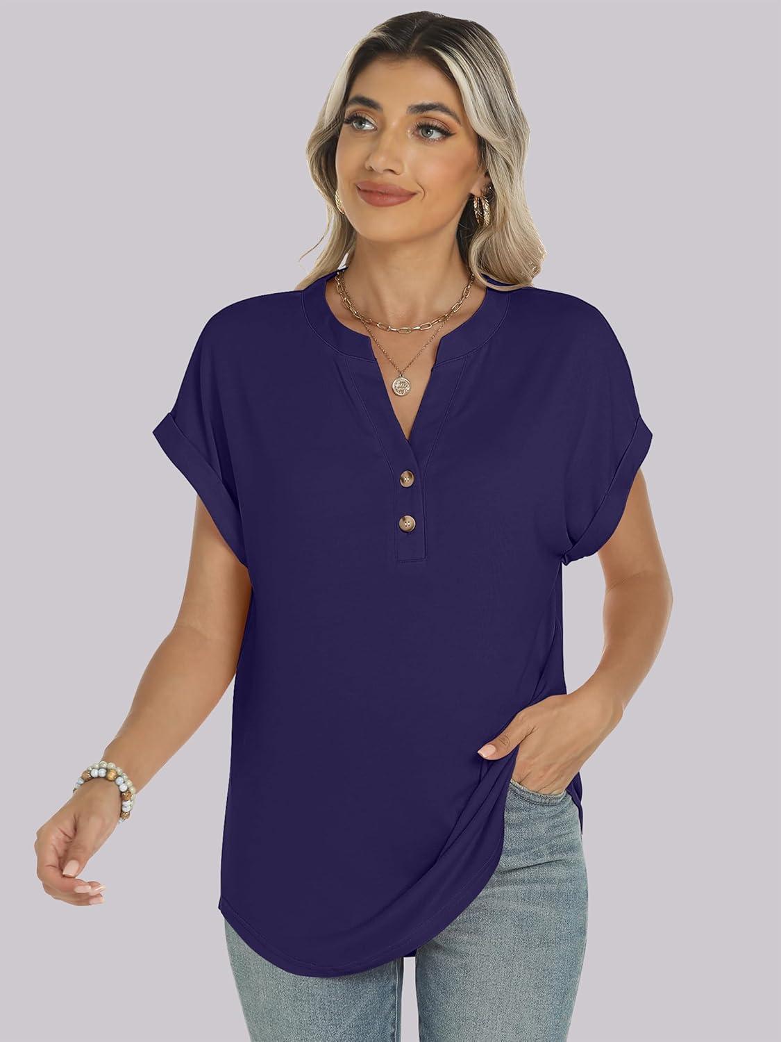 imageANRABESS Womens Short Sleeve Henley Tops V Neck Dressy Casual Blouses Summer Trendy Tee Shirts 2025 Vacation Fashion ClothesDark Blue