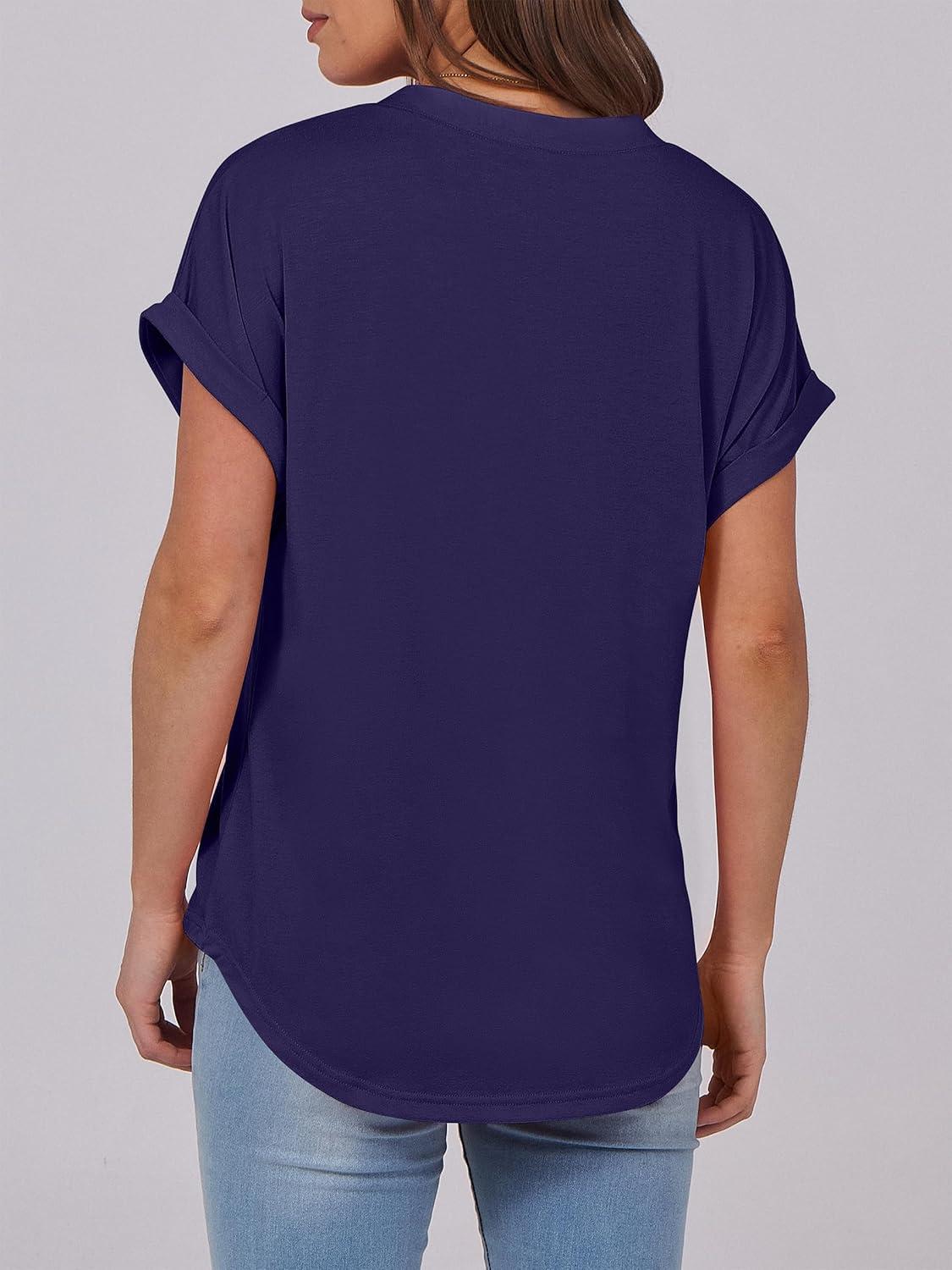 imageANRABESS Womens Short Sleeve Henley Tops V Neck Dressy Casual Blouses Summer Trendy Tee Shirts 2025 Vacation Fashion ClothesDark Blue