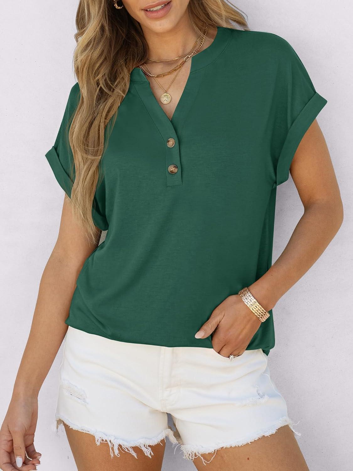 imageANRABESS Womens Short Sleeve Henley Tops V Neck Dressy Casual Blouses Summer Trendy Tee Shirts 2025 Vacation Fashion ClothesDark Green