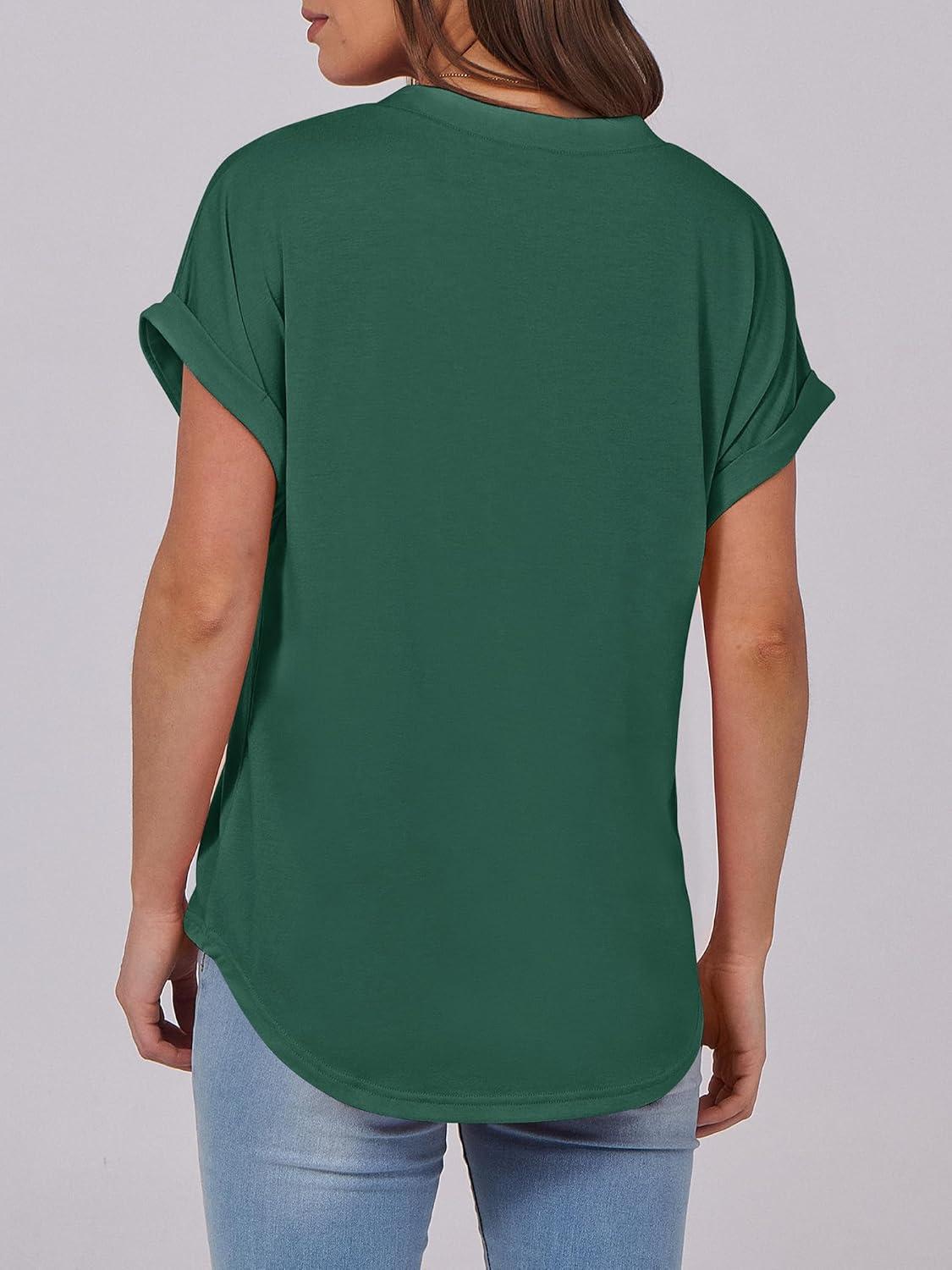 imageANRABESS Womens Short Sleeve Henley Tops V Neck Dressy Casual Blouses Summer Trendy Tee Shirts 2025 Vacation Fashion ClothesDark Green