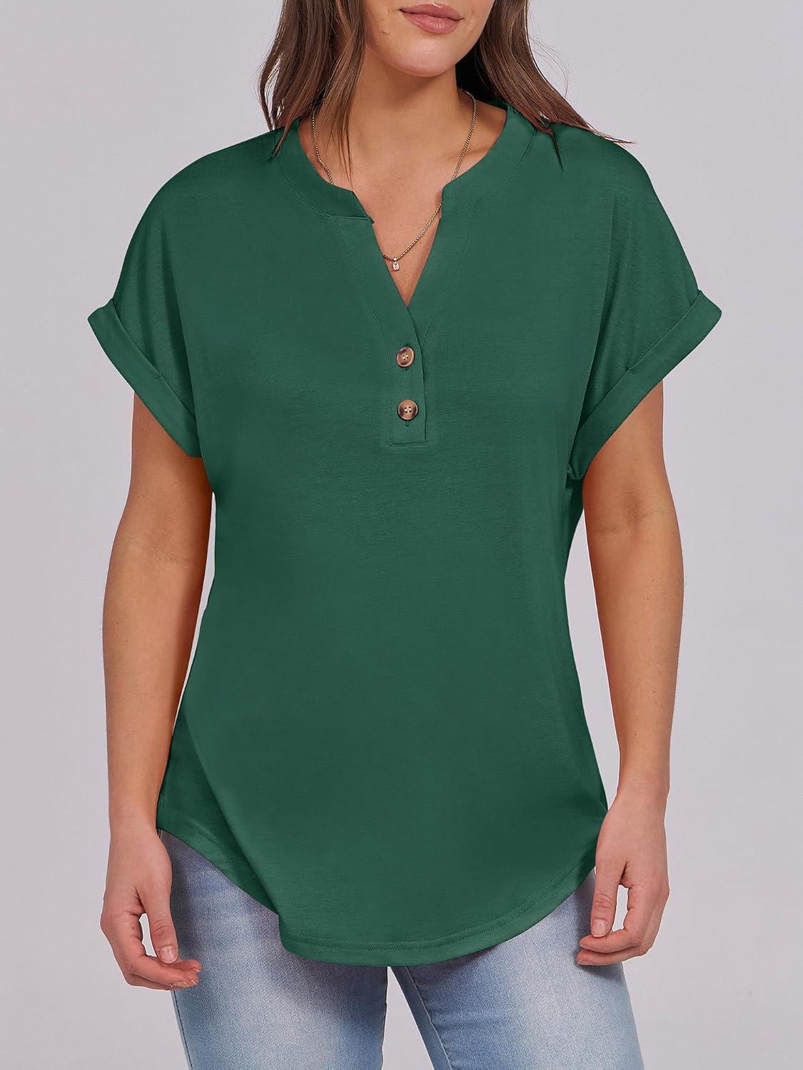 imageANRABESS Womens Short Sleeve Henley Tops V Neck Dressy Casual Blouses Summer Trendy Tee Shirts 2025 Vacation Fashion ClothesDark Green