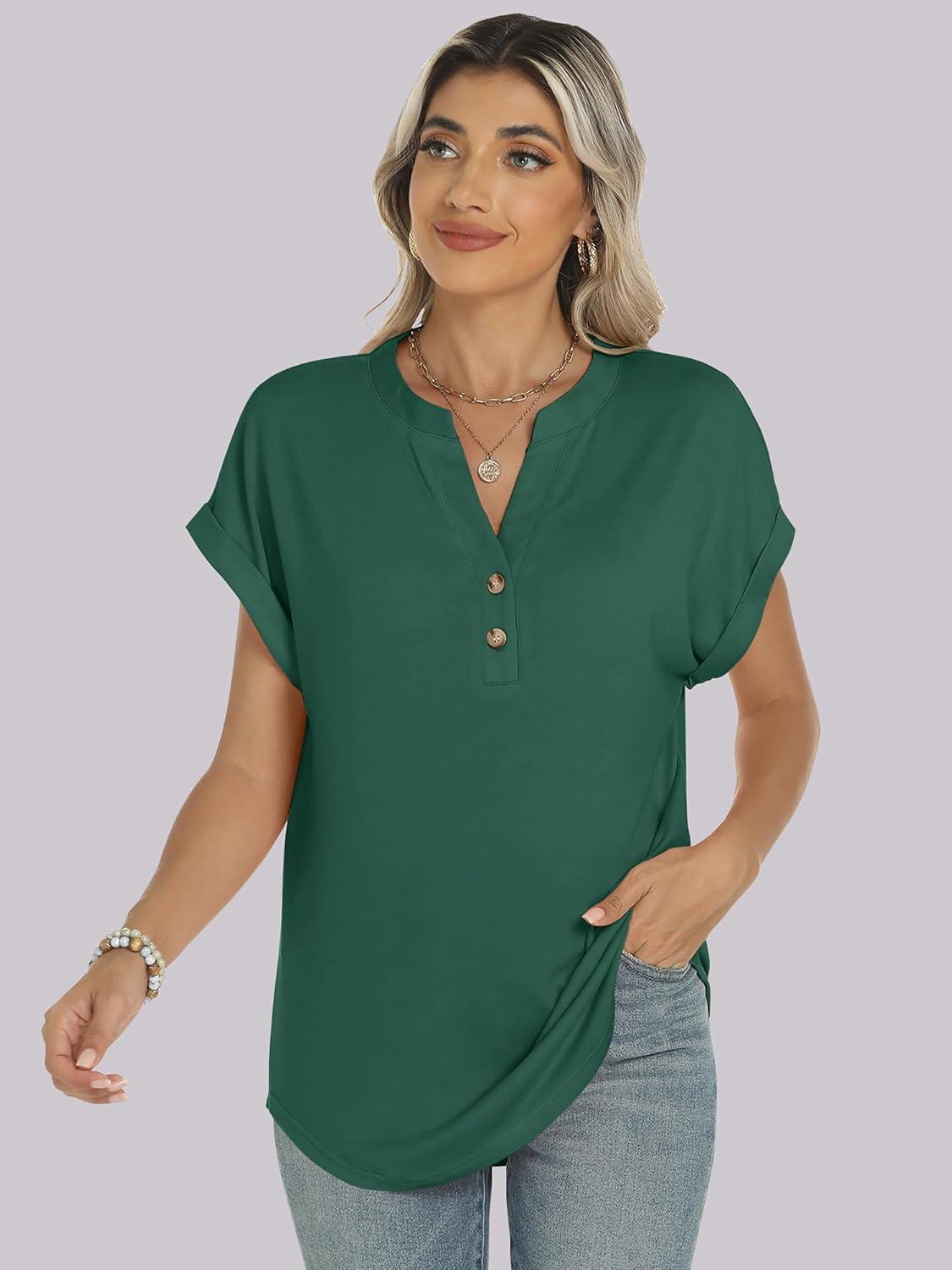 imageANRABESS Womens Short Sleeve Henley Tops V Neck Dressy Casual Blouses Summer Trendy Tee Shirts 2025 Vacation Fashion ClothesDark Green