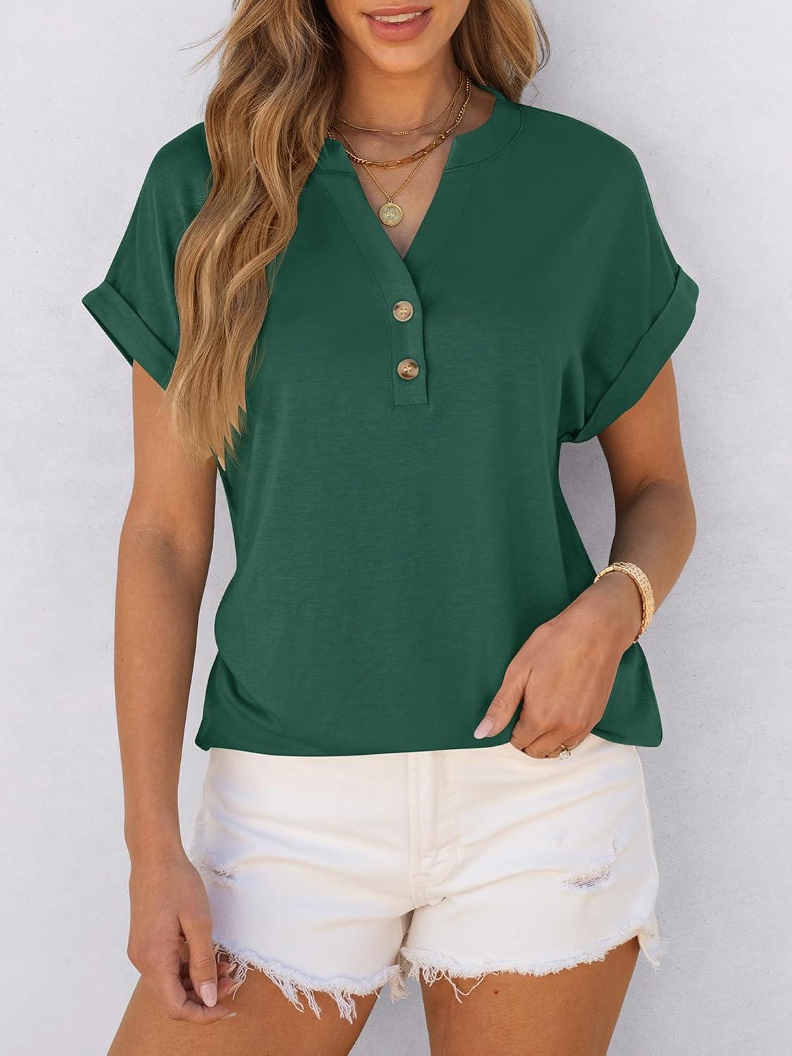 imageANRABESS Womens Short Sleeve Henley Tops V Neck Dressy Casual Blouses Summer Trendy Tee Shirts 2025 Vacation Fashion ClothesDark Green