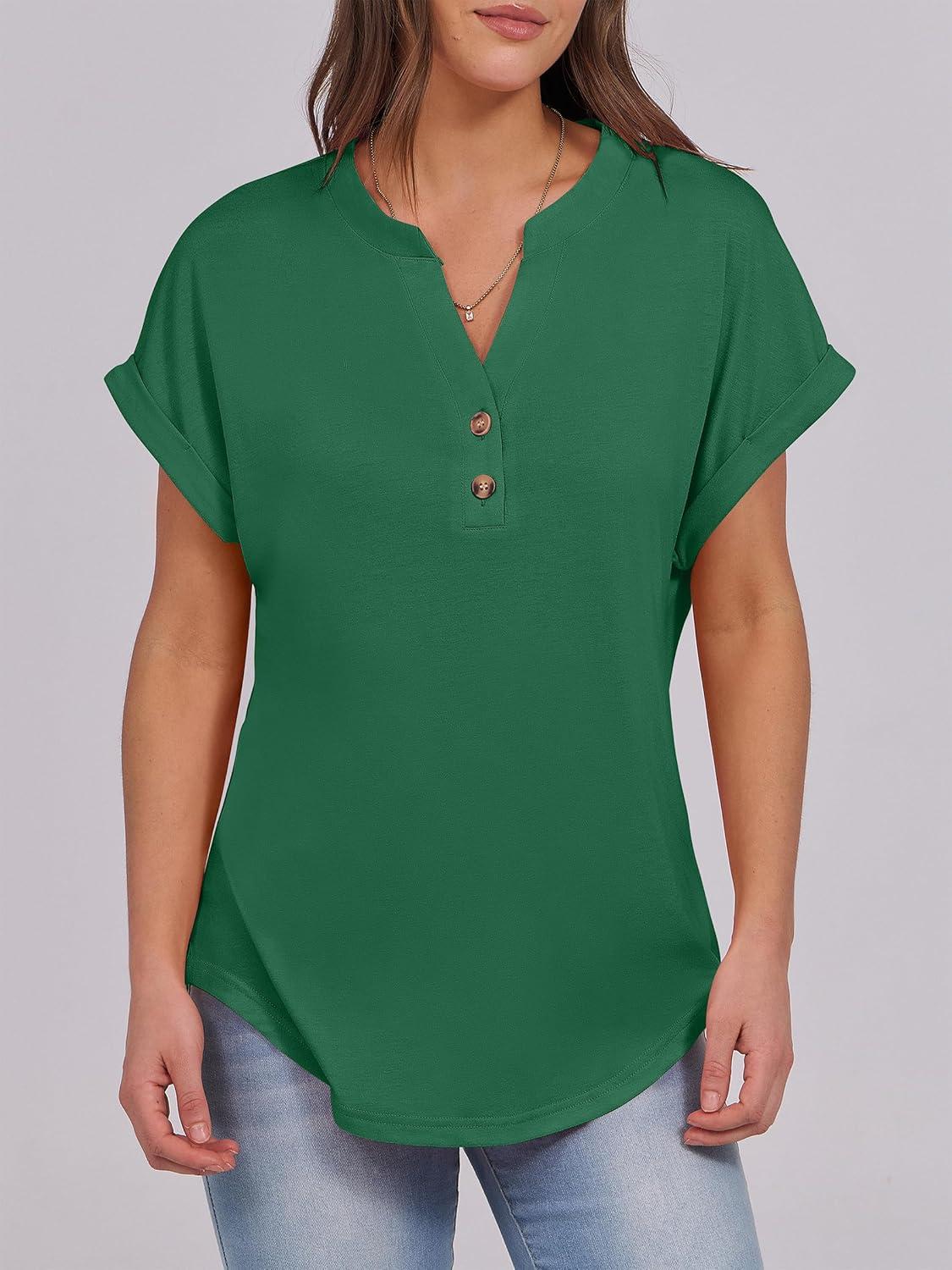 imageANRABESS Womens Short Sleeve Henley Tops V Neck Dressy Casual Blouses Summer Trendy Tee Shirts 2025 Vacation Fashion ClothesGreen