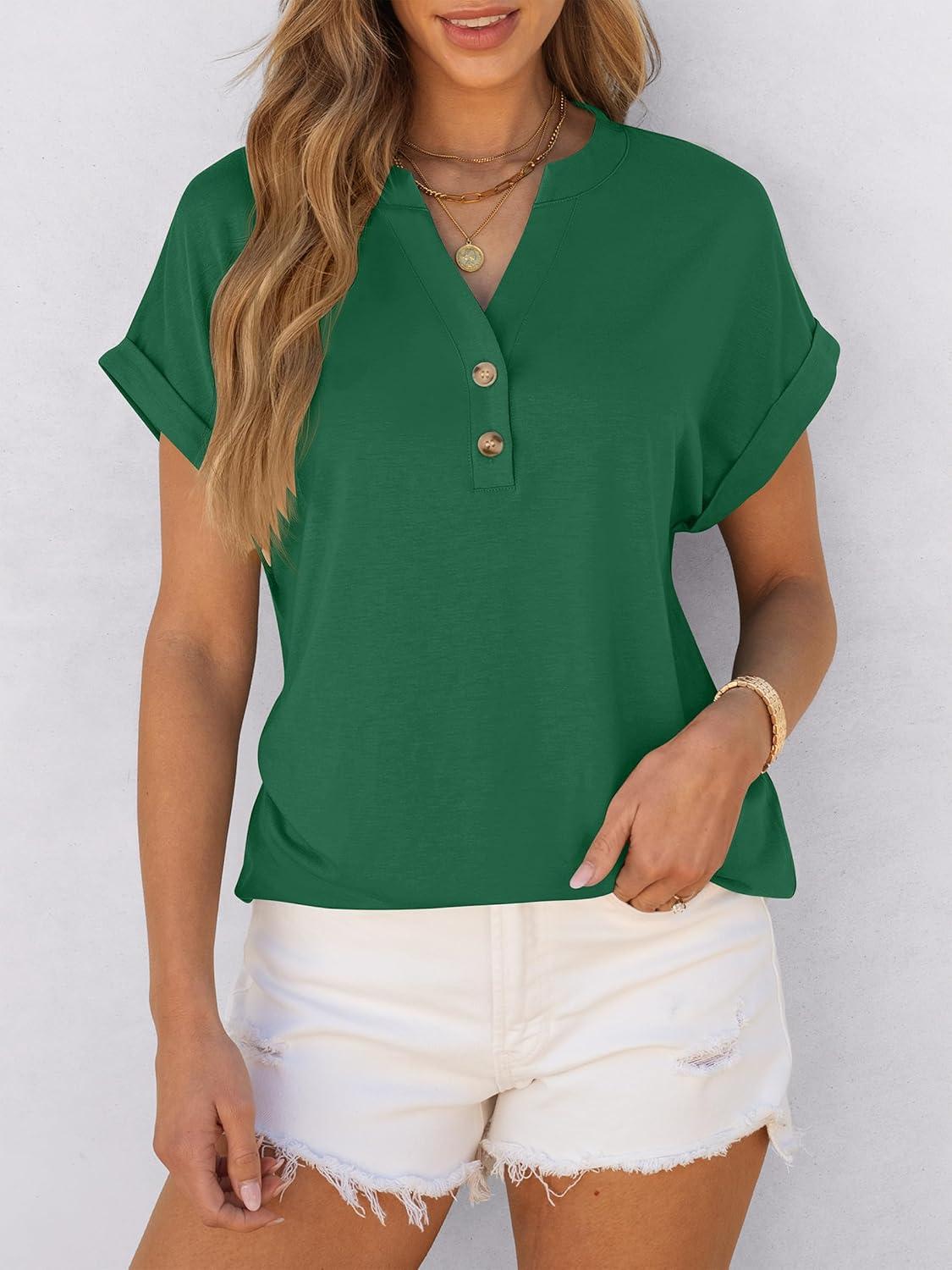 imageANRABESS Womens Short Sleeve Henley Tops V Neck Dressy Casual Blouses Summer Trendy Tee Shirts 2025 Vacation Fashion ClothesGreen