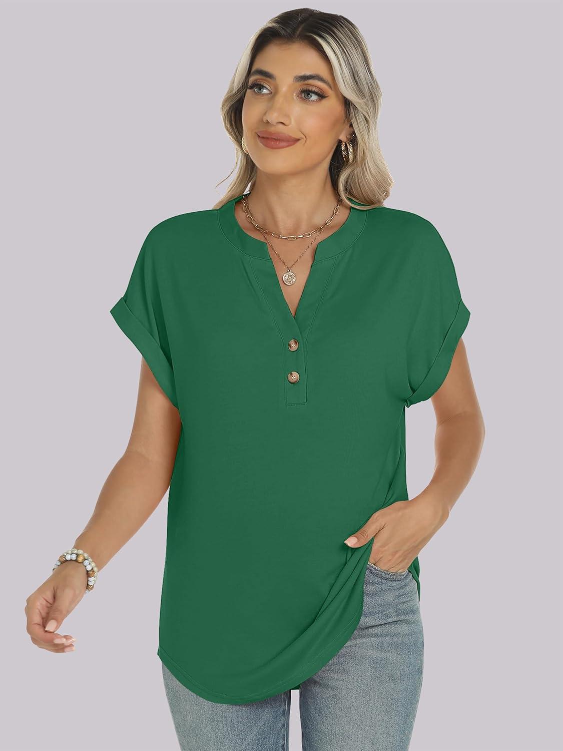 imageANRABESS Womens Short Sleeve Henley Tops V Neck Dressy Casual Blouses Summer Trendy Tee Shirts 2025 Vacation Fashion ClothesGreen