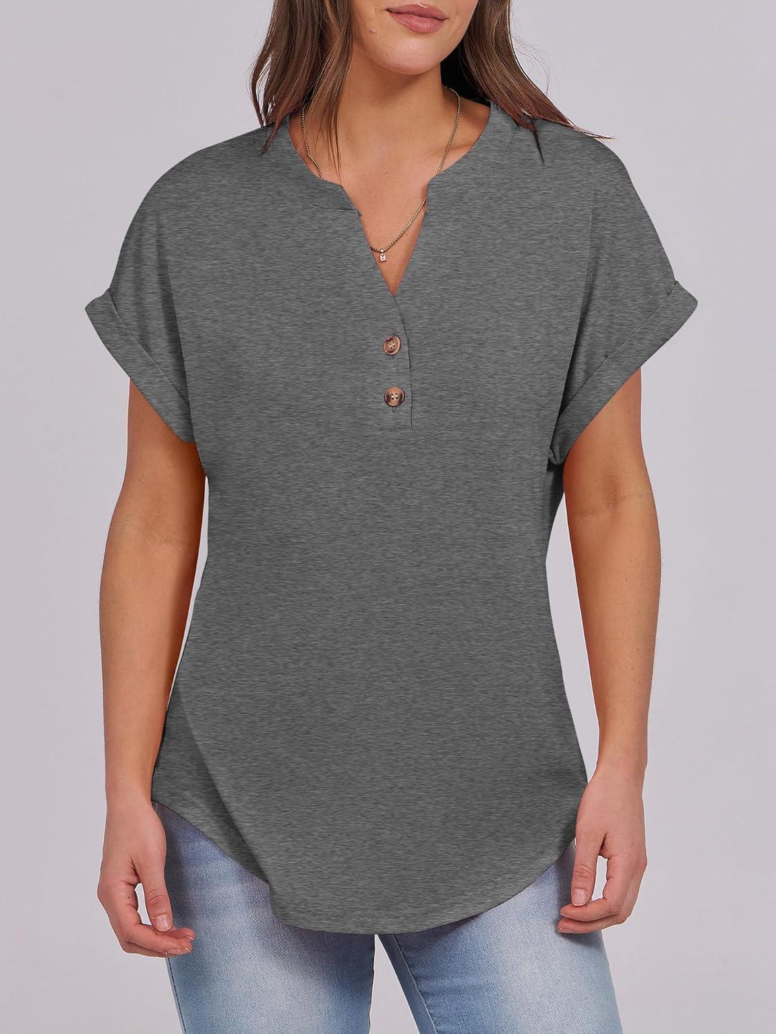imageANRABESS Womens Short Sleeve Henley Tops V Neck Dressy Casual Blouses Summer Trendy Tee Shirts 2025 Vacation Fashion ClothesGrey