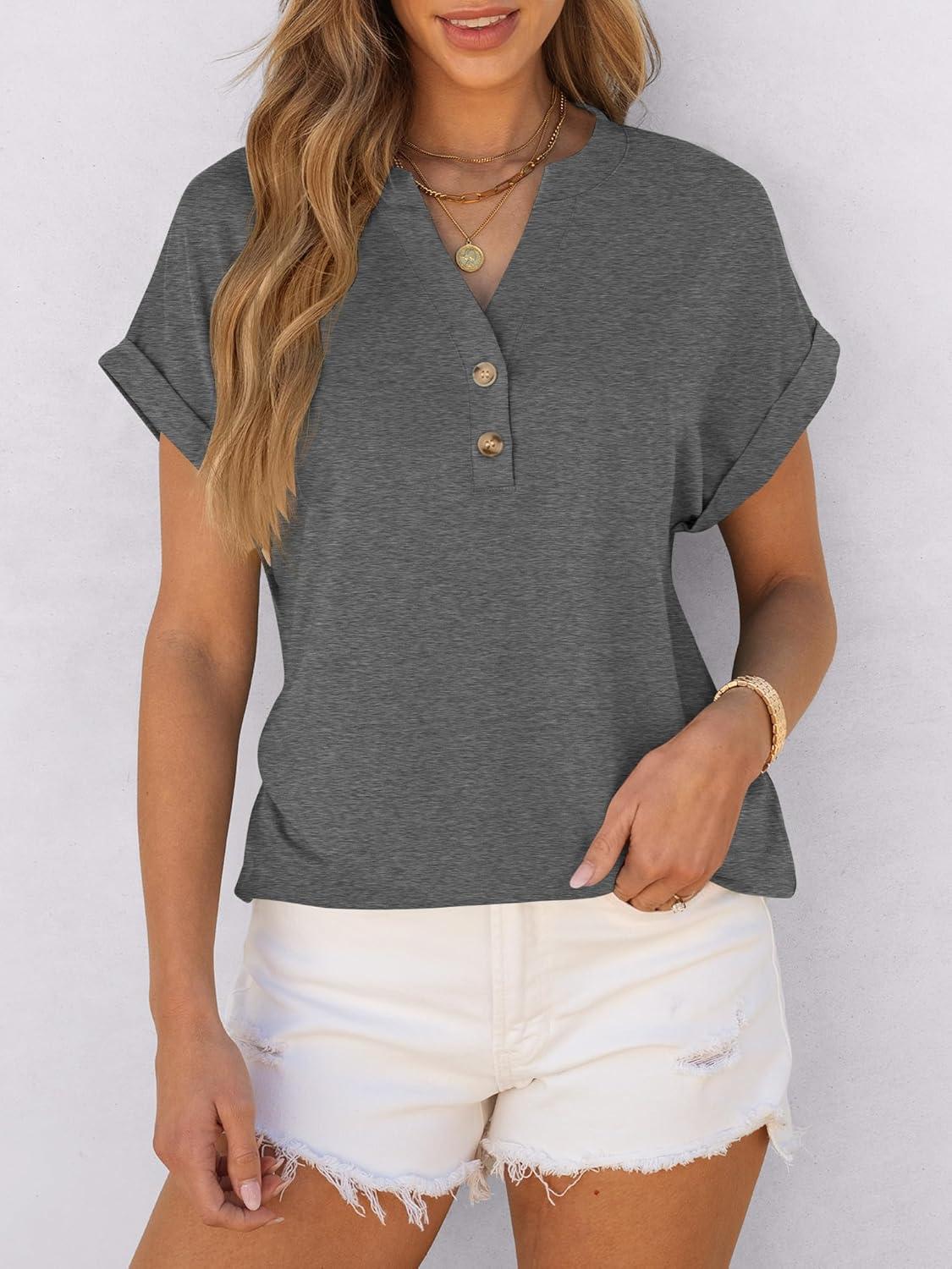 imageANRABESS Womens Short Sleeve Henley Tops V Neck Dressy Casual Blouses Summer Trendy Tee Shirts 2025 Vacation Fashion ClothesGrey