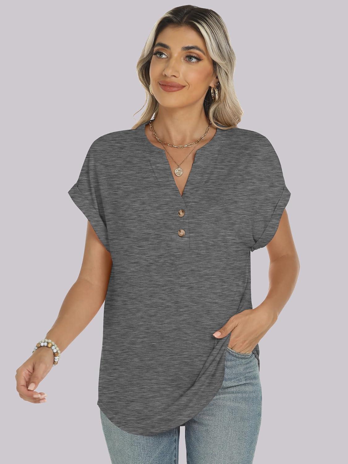 imageANRABESS Womens Short Sleeve Henley Tops V Neck Dressy Casual Blouses Summer Trendy Tee Shirts 2025 Vacation Fashion ClothesGrey