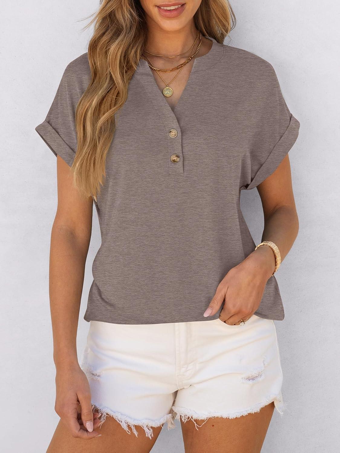 imageANRABESS Womens Short Sleeve Henley Tops V Neck Dressy Casual Blouses Summer Trendy Tee Shirts 2025 Vacation Fashion ClothesGrey Brown