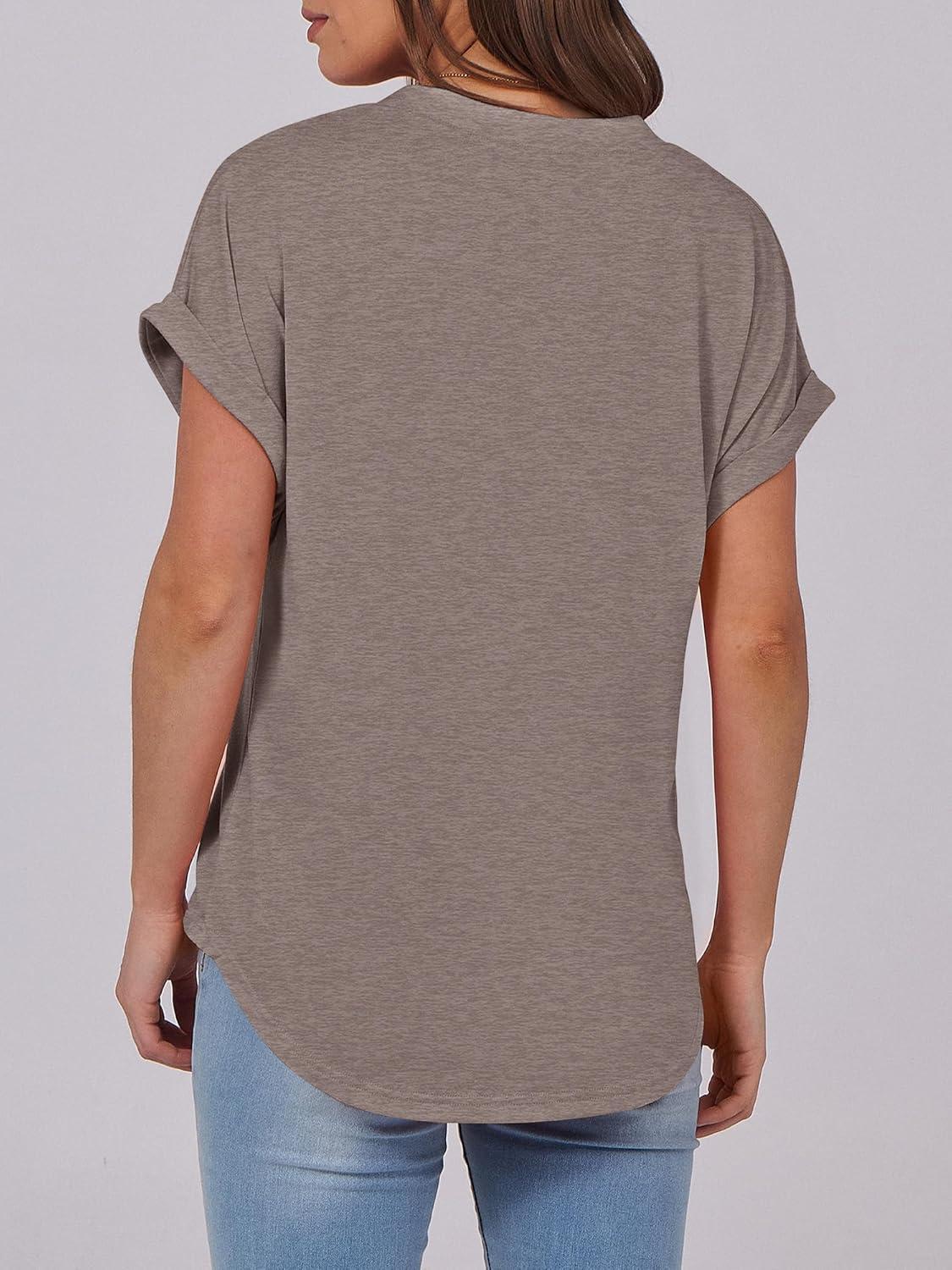 imageANRABESS Womens Short Sleeve Henley Tops V Neck Dressy Casual Blouses Summer Trendy Tee Shirts 2025 Vacation Fashion ClothesGrey Brown