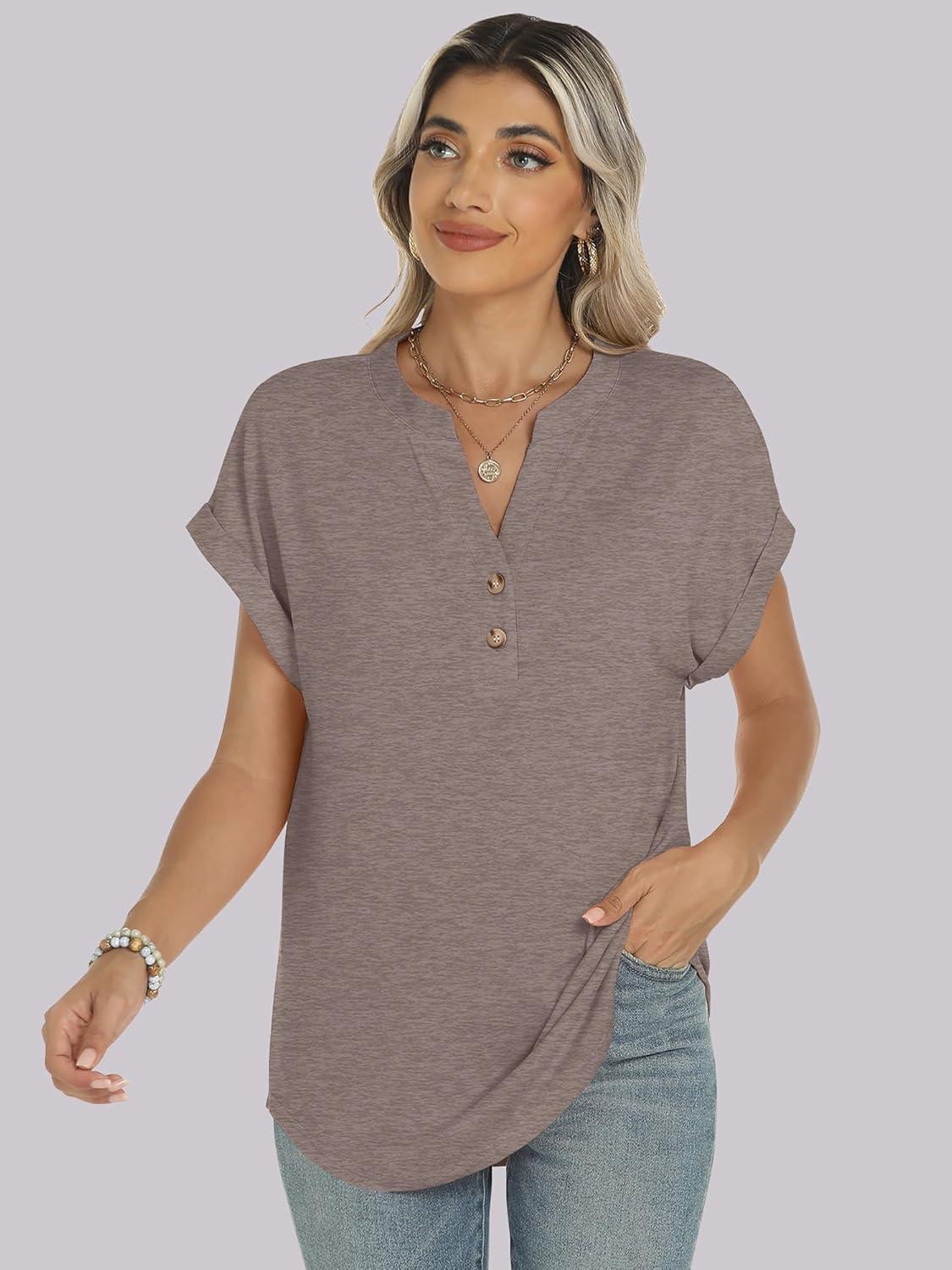 imageANRABESS Womens Short Sleeve Henley Tops V Neck Dressy Casual Blouses Summer Trendy Tee Shirts 2025 Vacation Fashion ClothesGrey Brown