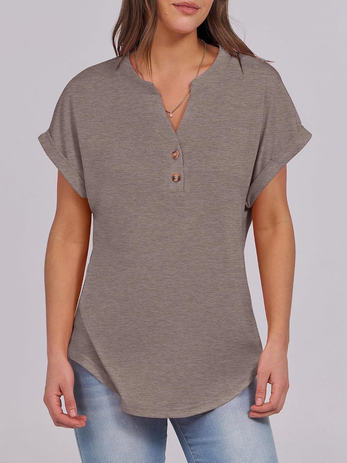 imageANRABESS Womens Short Sleeve Henley Tops V Neck Dressy Casual Blouses Summer Trendy Tee Shirts 2025 Vacation Fashion ClothesGrey Brown
