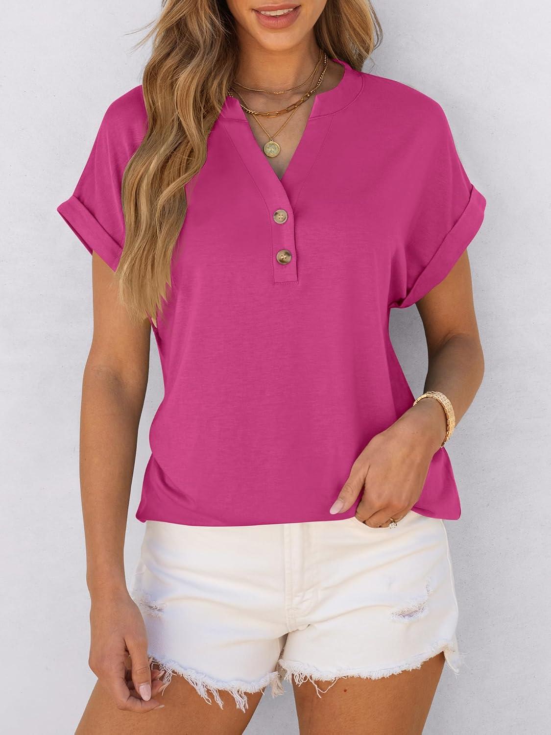 imageANRABESS Womens Short Sleeve Henley Tops V Neck Dressy Casual Blouses Summer Trendy Tee Shirts 2025 Vacation Fashion ClothesHot Pink
