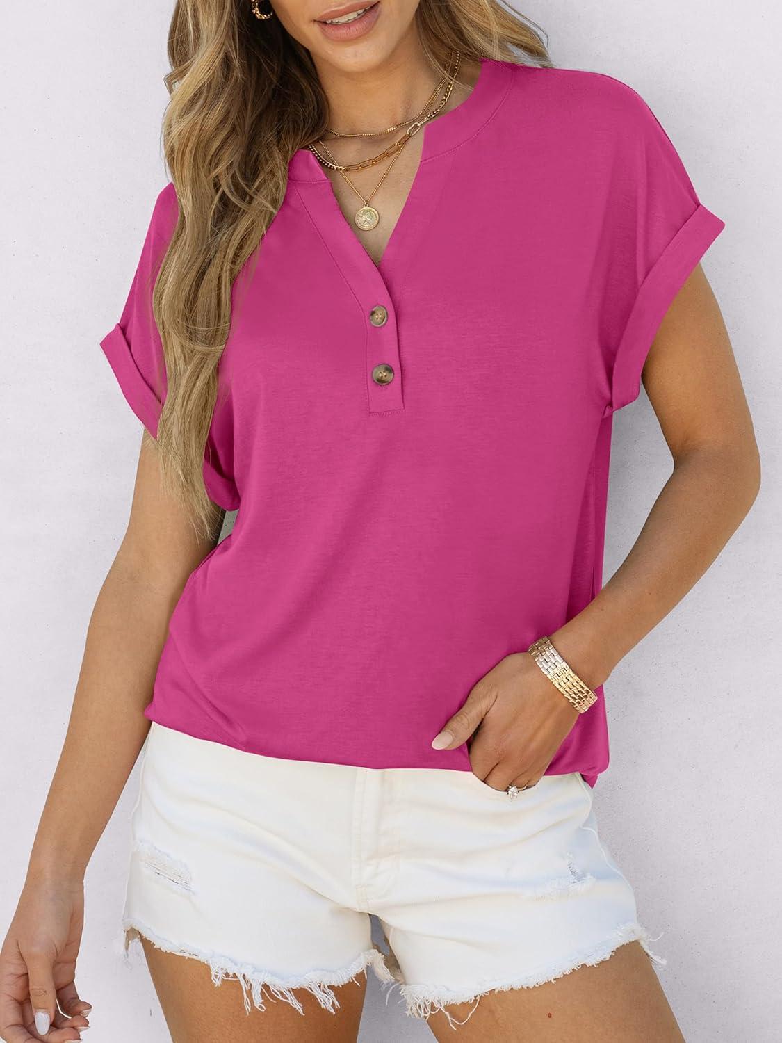 imageANRABESS Womens Short Sleeve Henley Tops V Neck Dressy Casual Blouses Summer Trendy Tee Shirts 2025 Vacation Fashion ClothesHot Pink