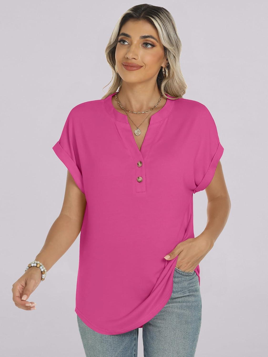 imageANRABESS Womens Short Sleeve Henley Tops V Neck Dressy Casual Blouses Summer Trendy Tee Shirts 2025 Vacation Fashion ClothesHot Pink