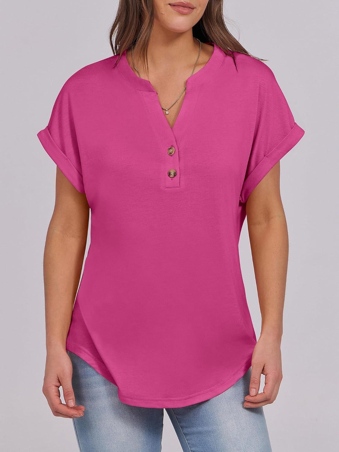 imageANRABESS Womens Short Sleeve Henley Tops V Neck Dressy Casual Blouses Summer Trendy Tee Shirts 2025 Vacation Fashion ClothesHot Pink