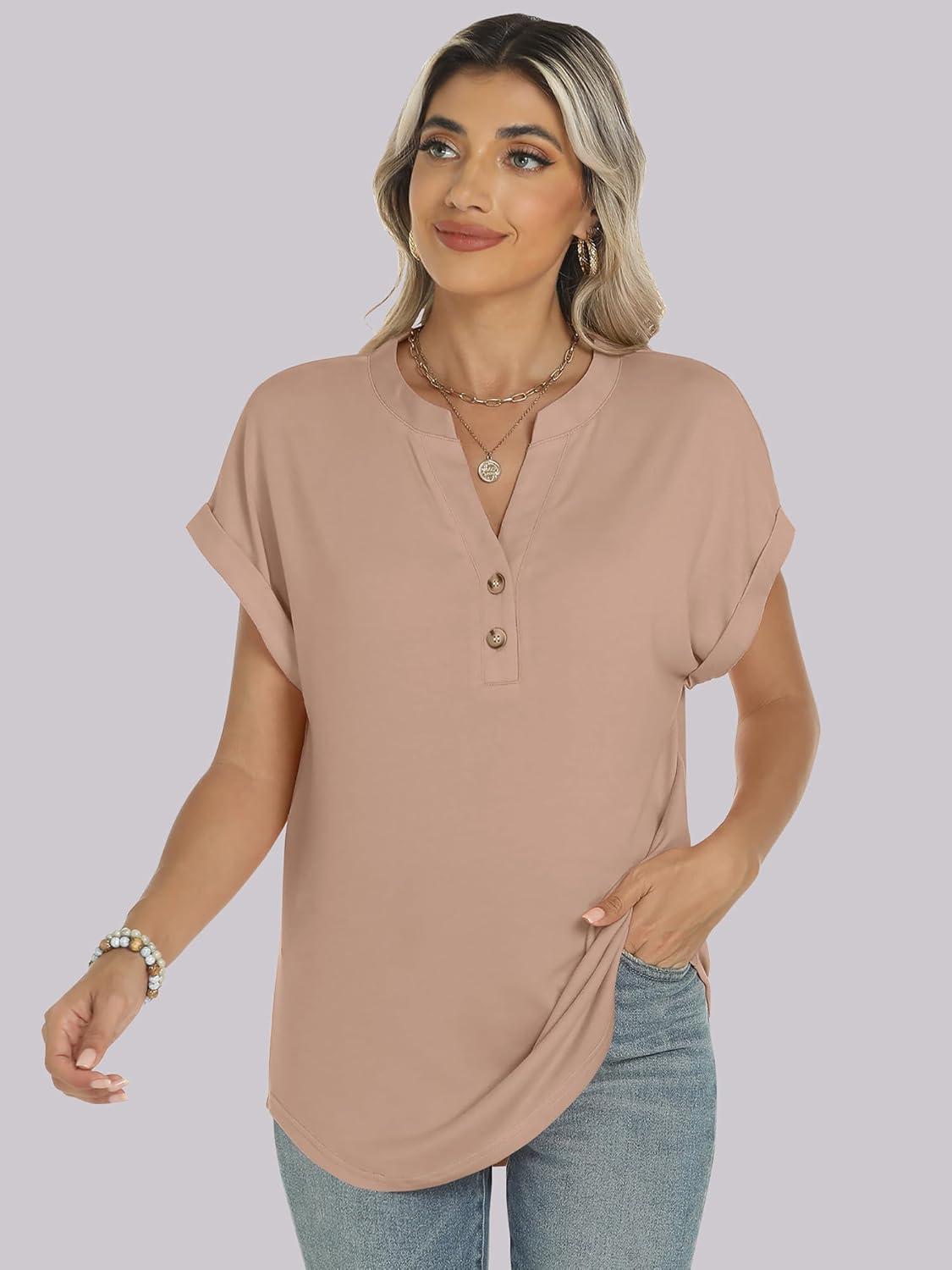 imageANRABESS Womens Short Sleeve Henley Tops V Neck Dressy Casual Blouses Summer Trendy Tee Shirts 2025 Vacation Fashion ClothesKhaki
