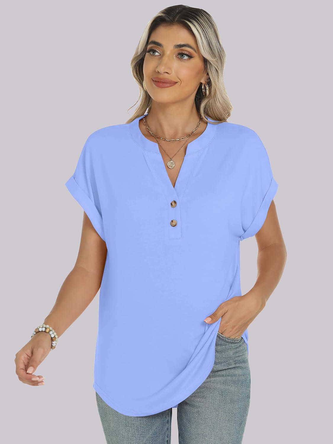 imageANRABESS Womens Short Sleeve Henley Tops V Neck Dressy Casual Blouses Summer Trendy Tee Shirts 2025 Vacation Fashion ClothesLight Blue