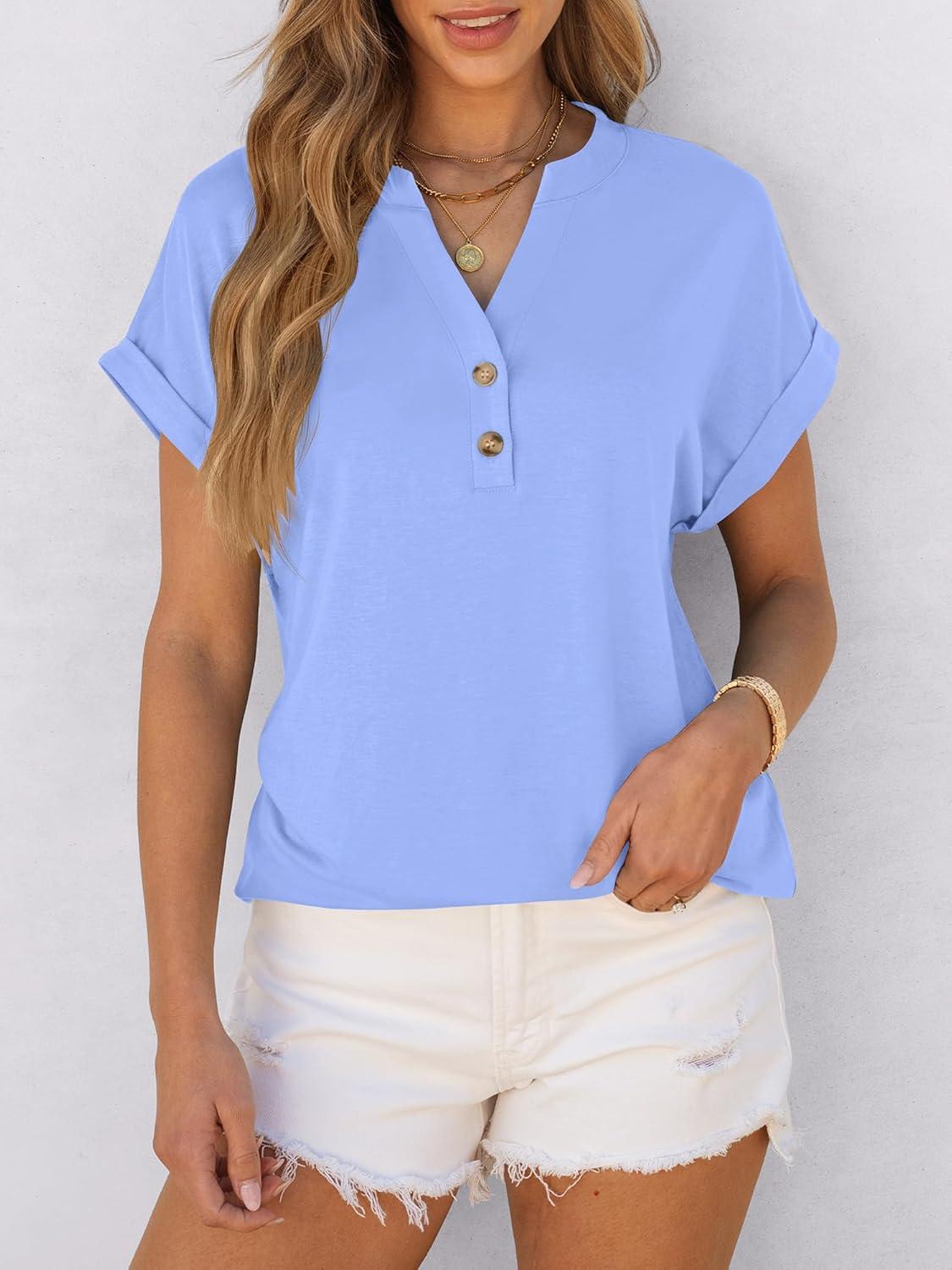 imageANRABESS Womens Short Sleeve Henley Tops V Neck Dressy Casual Blouses Summer Trendy Tee Shirts 2025 Vacation Fashion ClothesLight Blue