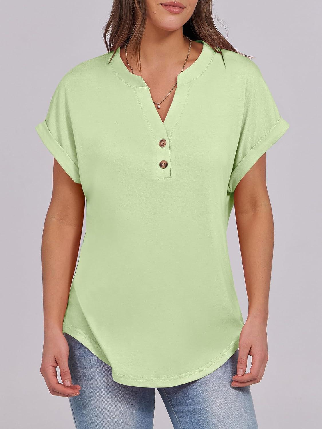 imageANRABESS Womens Short Sleeve Henley Tops V Neck Dressy Casual Blouses Summer Trendy Tee Shirts 2025 Vacation Fashion ClothesLight Green