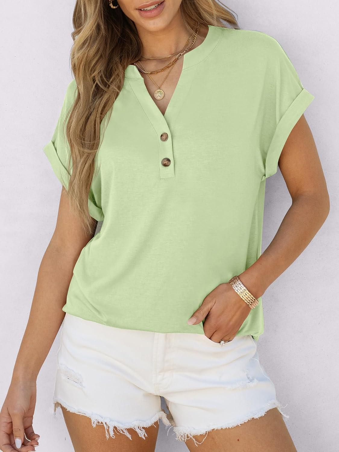 imageANRABESS Womens Short Sleeve Henley Tops V Neck Dressy Casual Blouses Summer Trendy Tee Shirts 2025 Vacation Fashion ClothesLight Green