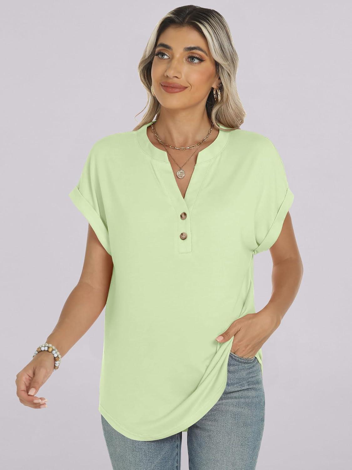imageANRABESS Womens Short Sleeve Henley Tops V Neck Dressy Casual Blouses Summer Trendy Tee Shirts 2025 Vacation Fashion ClothesLight Green