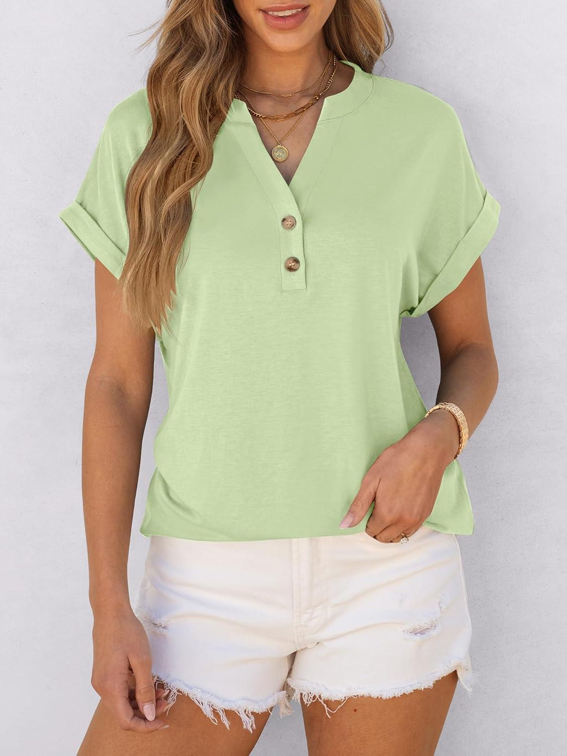 imageANRABESS Womens Short Sleeve Henley Tops V Neck Dressy Casual Blouses Summer Trendy Tee Shirts 2025 Vacation Fashion ClothesLight Green