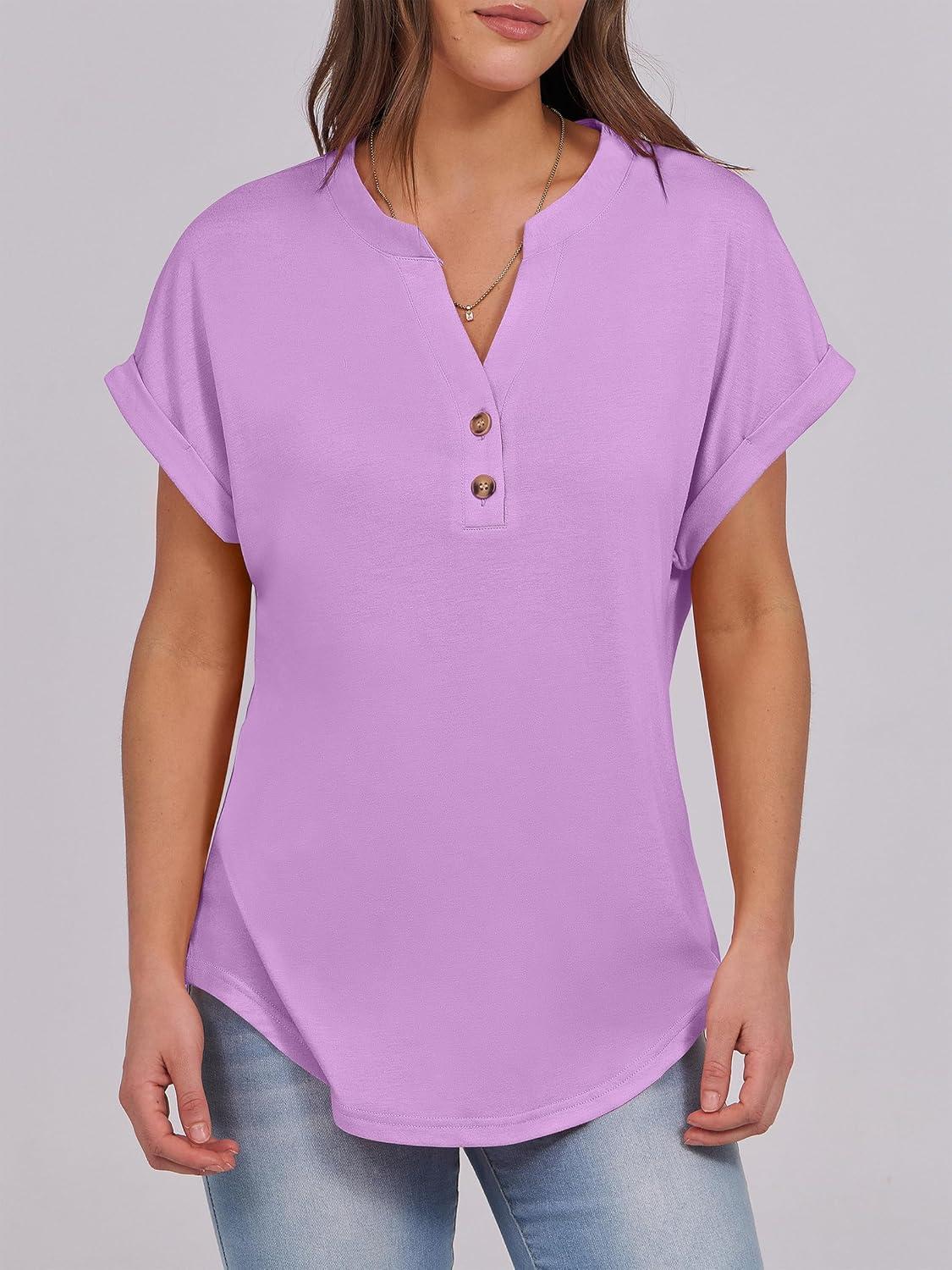 imageANRABESS Womens Short Sleeve Henley Tops V Neck Dressy Casual Blouses Summer Trendy Tee Shirts 2025 Vacation Fashion ClothesLight Purple