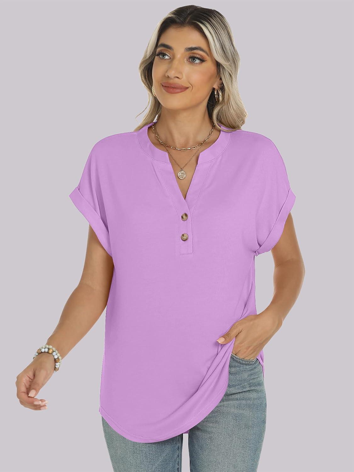 imageANRABESS Womens Short Sleeve Henley Tops V Neck Dressy Casual Blouses Summer Trendy Tee Shirts 2025 Vacation Fashion ClothesLight Purple
