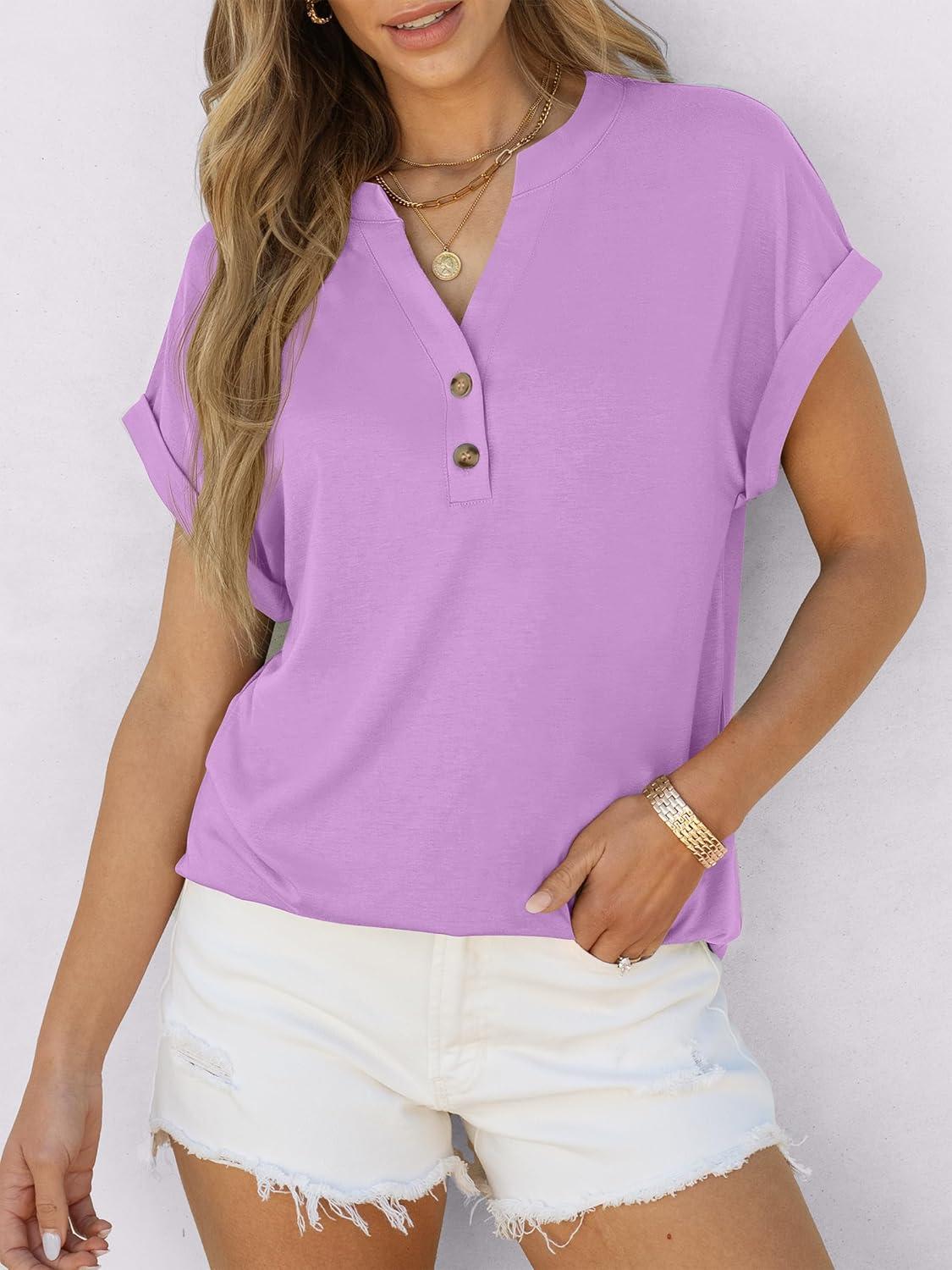 imageANRABESS Womens Short Sleeve Henley Tops V Neck Dressy Casual Blouses Summer Trendy Tee Shirts 2025 Vacation Fashion ClothesLight Purple
