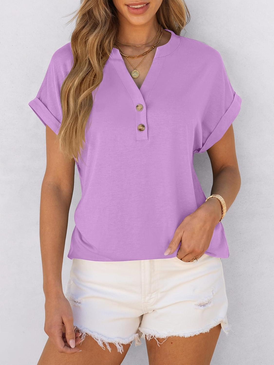 imageANRABESS Womens Short Sleeve Henley Tops V Neck Dressy Casual Blouses Summer Trendy Tee Shirts 2025 Vacation Fashion ClothesLight Purple