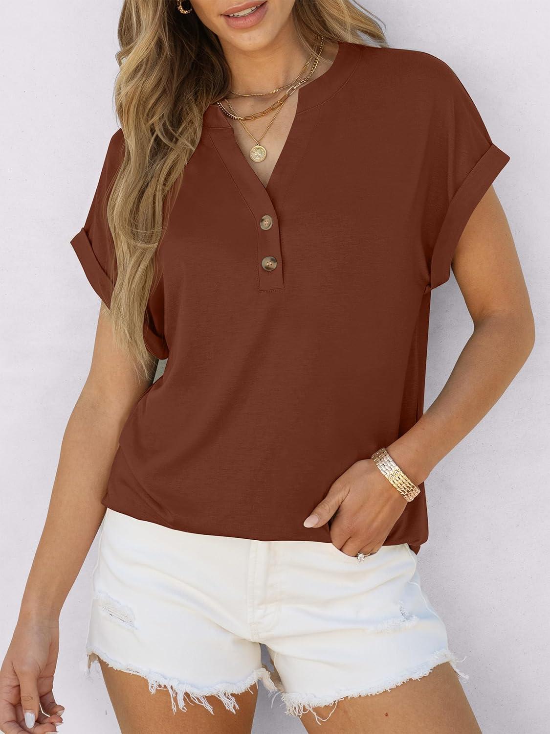 imageANRABESS Womens Short Sleeve Henley Tops V Neck Dressy Casual Blouses Summer Trendy Tee Shirts 2025 Vacation Fashion ClothesMaple Brown