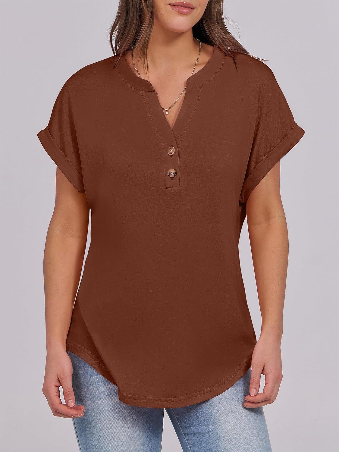 imageANRABESS Womens Short Sleeve Henley Tops V Neck Dressy Casual Blouses Summer Trendy Tee Shirts 2025 Vacation Fashion ClothesMaple Brown