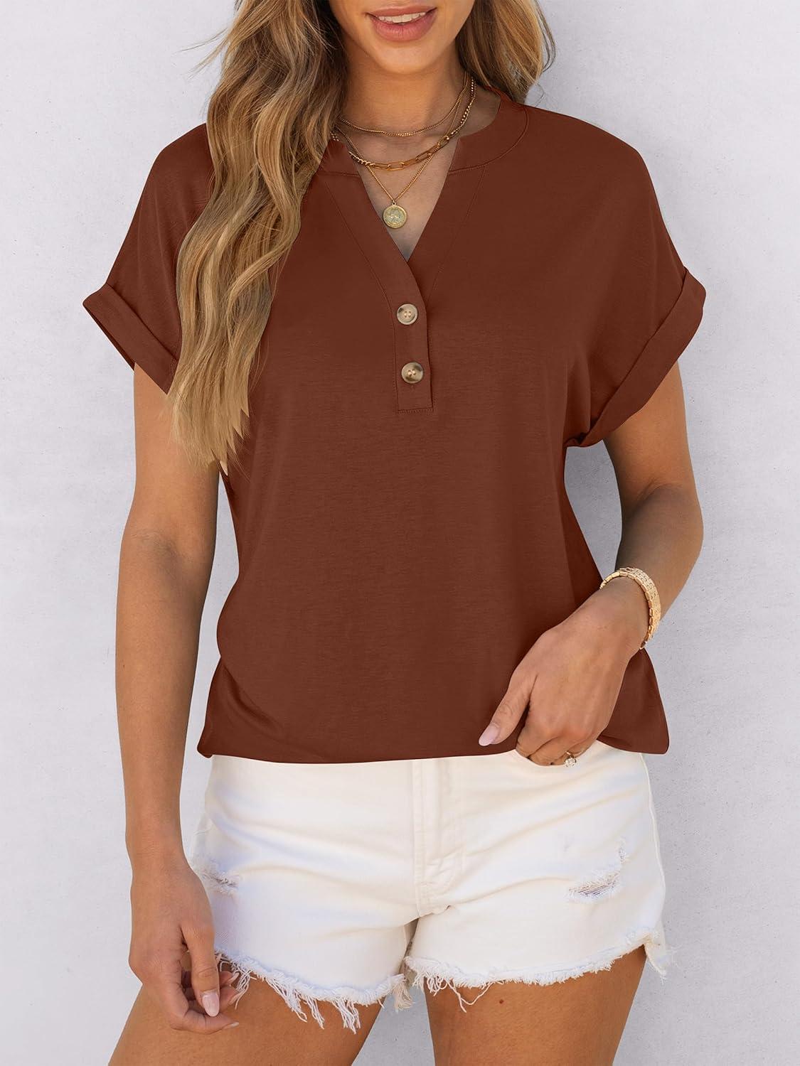 imageANRABESS Womens Short Sleeve Henley Tops V Neck Dressy Casual Blouses Summer Trendy Tee Shirts 2025 Vacation Fashion ClothesMaple Brown