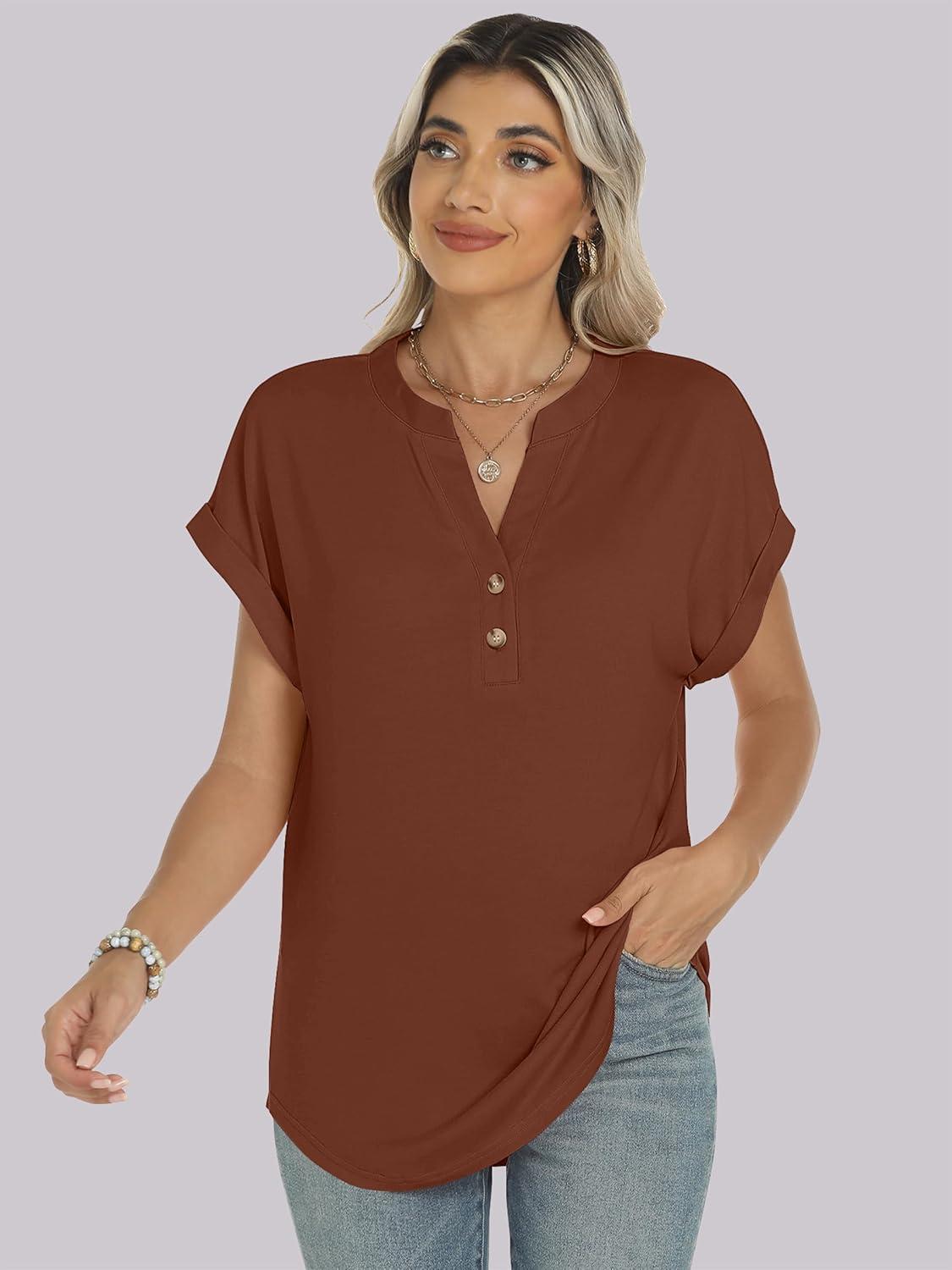 imageANRABESS Womens Short Sleeve Henley Tops V Neck Dressy Casual Blouses Summer Trendy Tee Shirts 2025 Vacation Fashion ClothesMaple Brown
