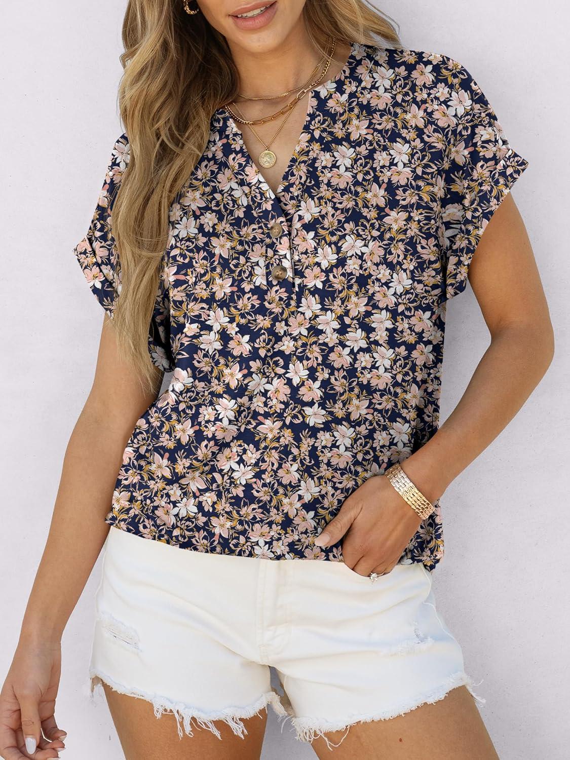 imageANRABESS Womens Short Sleeve Henley Tops V Neck Dressy Casual Blouses Summer Trendy Tee Shirts 2025 Vacation Fashion ClothesNavy Blue Pink Floral