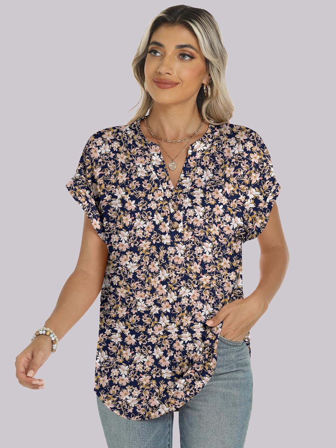 imageANRABESS Womens Short Sleeve Henley Tops V Neck Dressy Casual Blouses Summer Trendy Tee Shirts 2025 Vacation Fashion ClothesNavy Blue Pink Floral