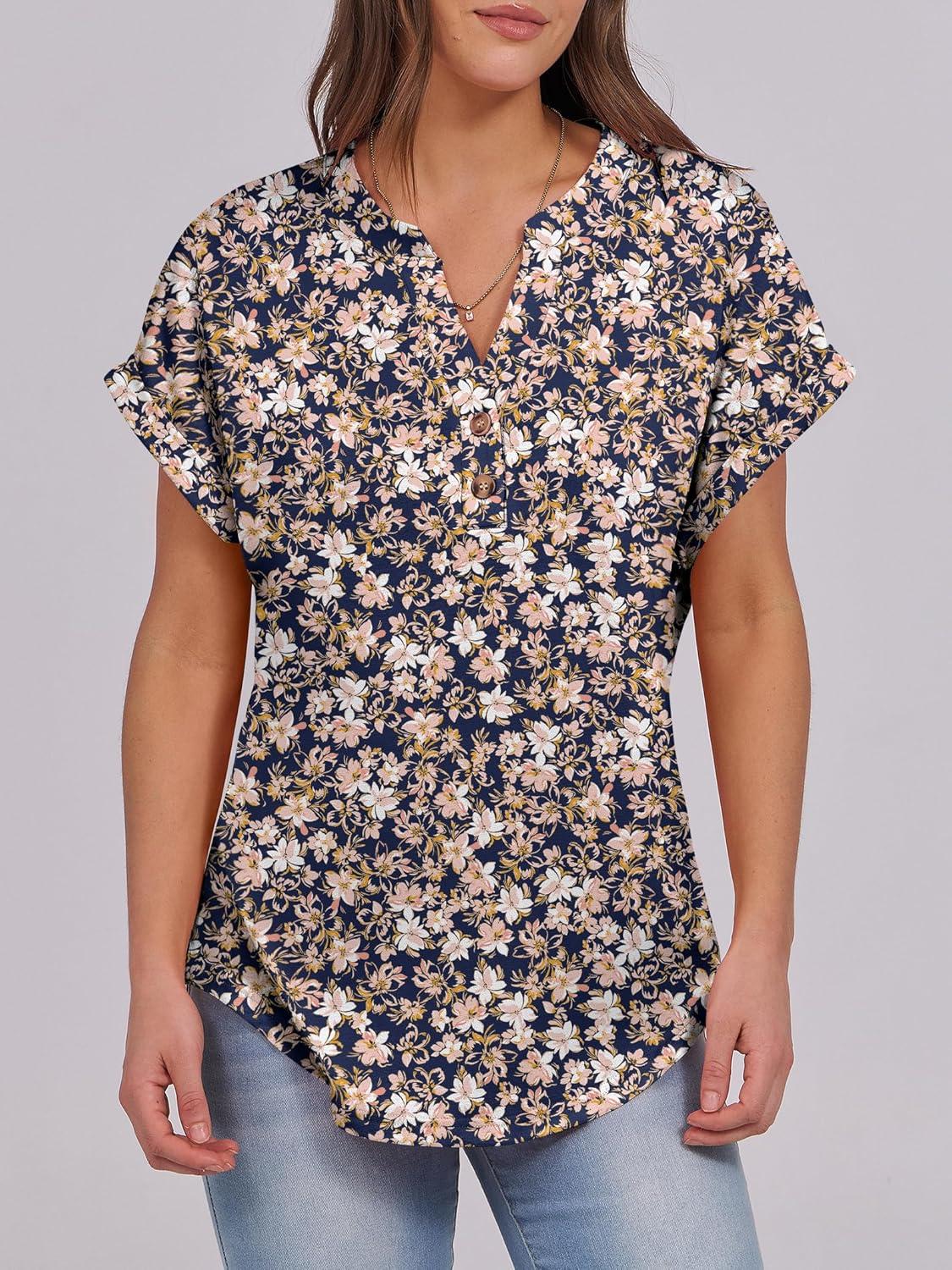 imageANRABESS Womens Short Sleeve Henley Tops V Neck Dressy Casual Blouses Summer Trendy Tee Shirts 2025 Vacation Fashion ClothesNavy Blue Pink Floral