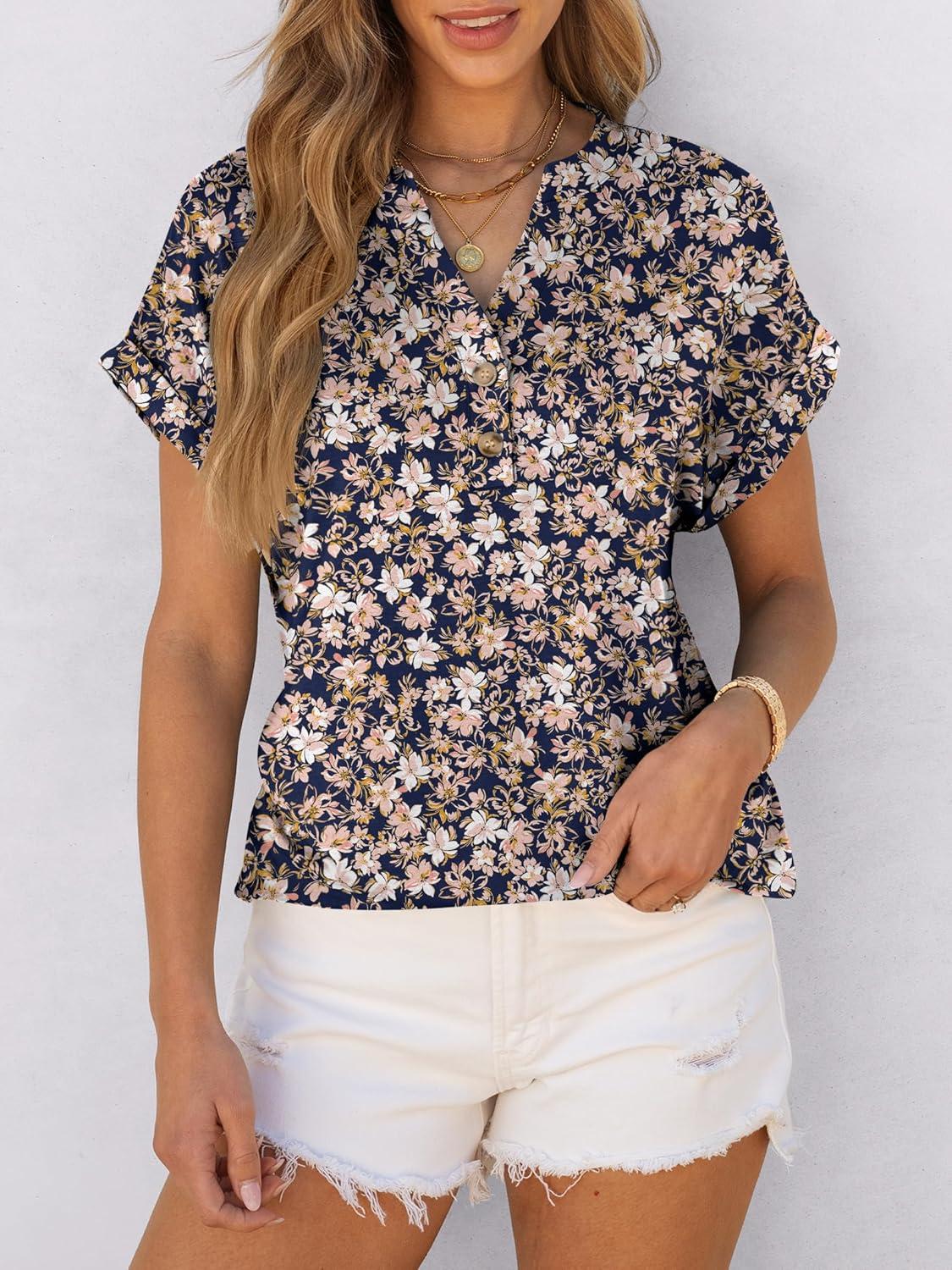 imageANRABESS Womens Short Sleeve Henley Tops V Neck Dressy Casual Blouses Summer Trendy Tee Shirts 2025 Vacation Fashion ClothesNavy Blue Pink Floral