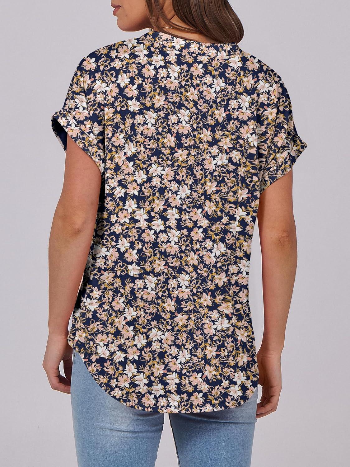 imageANRABESS Womens Short Sleeve Henley Tops V Neck Dressy Casual Blouses Summer Trendy Tee Shirts 2025 Vacation Fashion ClothesNavy Blue Pink Floral