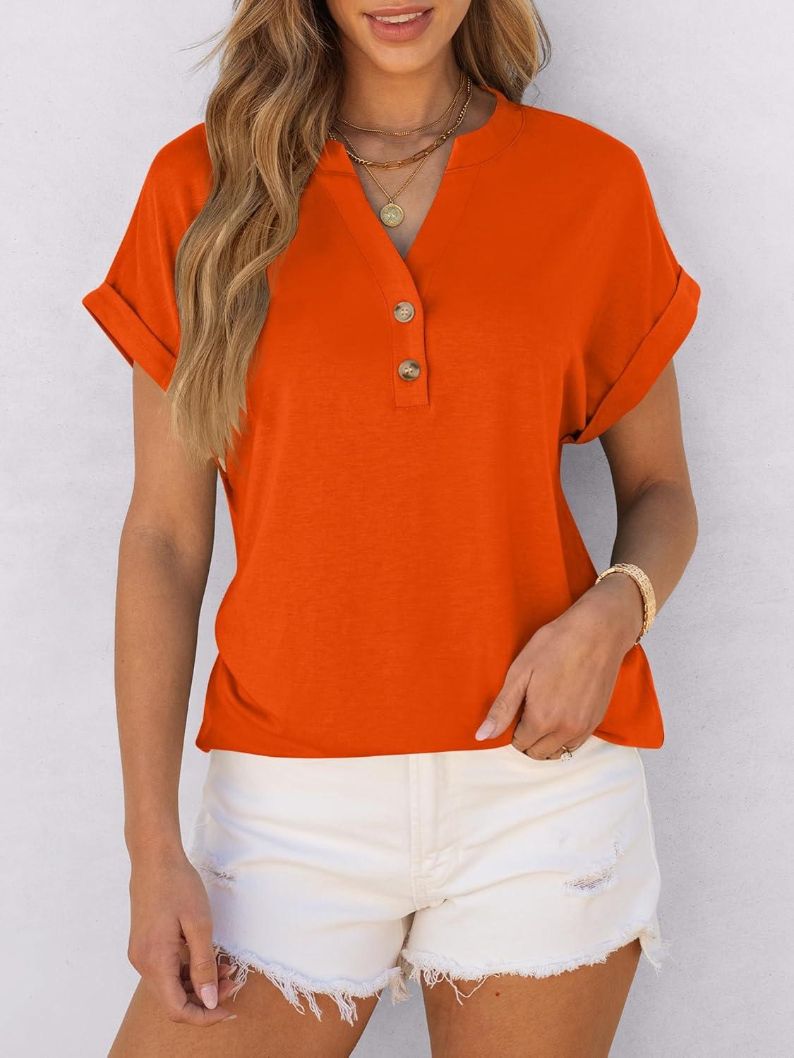 imageANRABESS Womens Short Sleeve Henley Tops V Neck Dressy Casual Blouses Summer Trendy Tee Shirts 2025 Vacation Fashion ClothesOrange