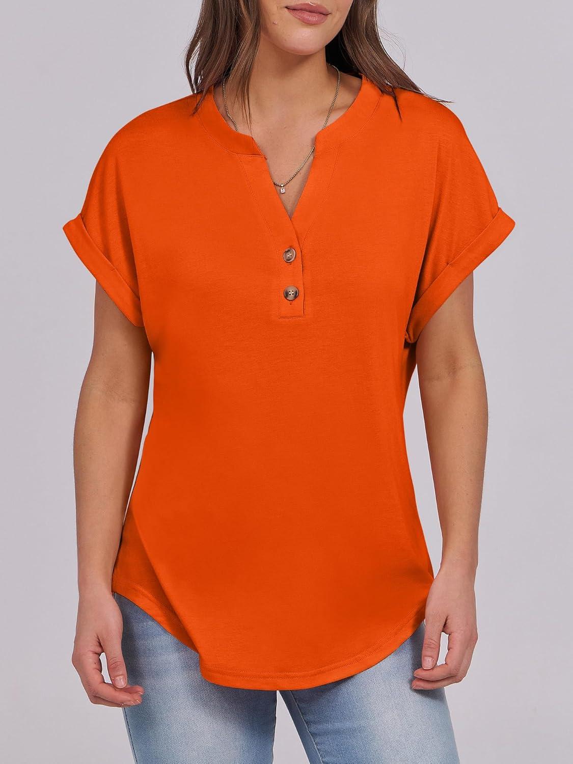 imageANRABESS Womens Short Sleeve Henley Tops V Neck Dressy Casual Blouses Summer Trendy Tee Shirts 2025 Vacation Fashion ClothesOrange