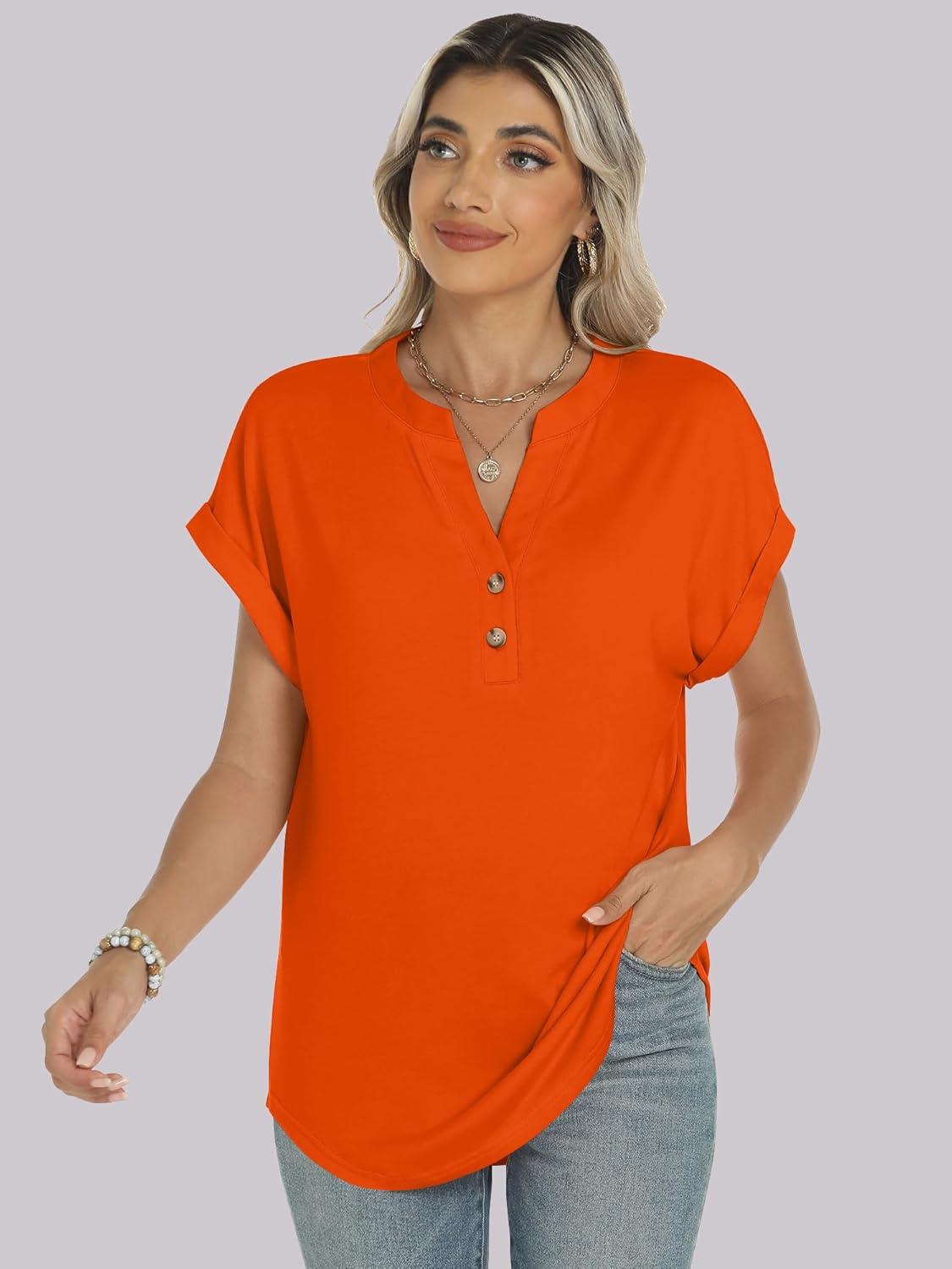 imageANRABESS Womens Short Sleeve Henley Tops V Neck Dressy Casual Blouses Summer Trendy Tee Shirts 2025 Vacation Fashion ClothesOrange