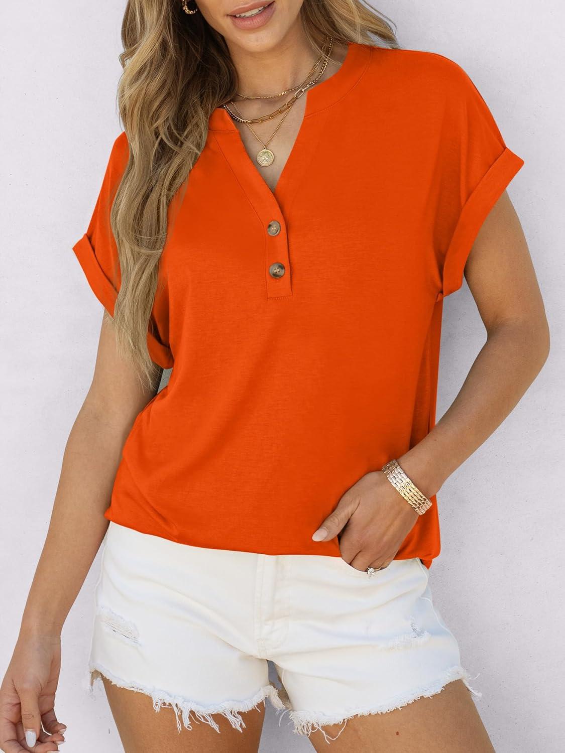 imageANRABESS Womens Short Sleeve Henley Tops V Neck Dressy Casual Blouses Summer Trendy Tee Shirts 2025 Vacation Fashion ClothesOrange