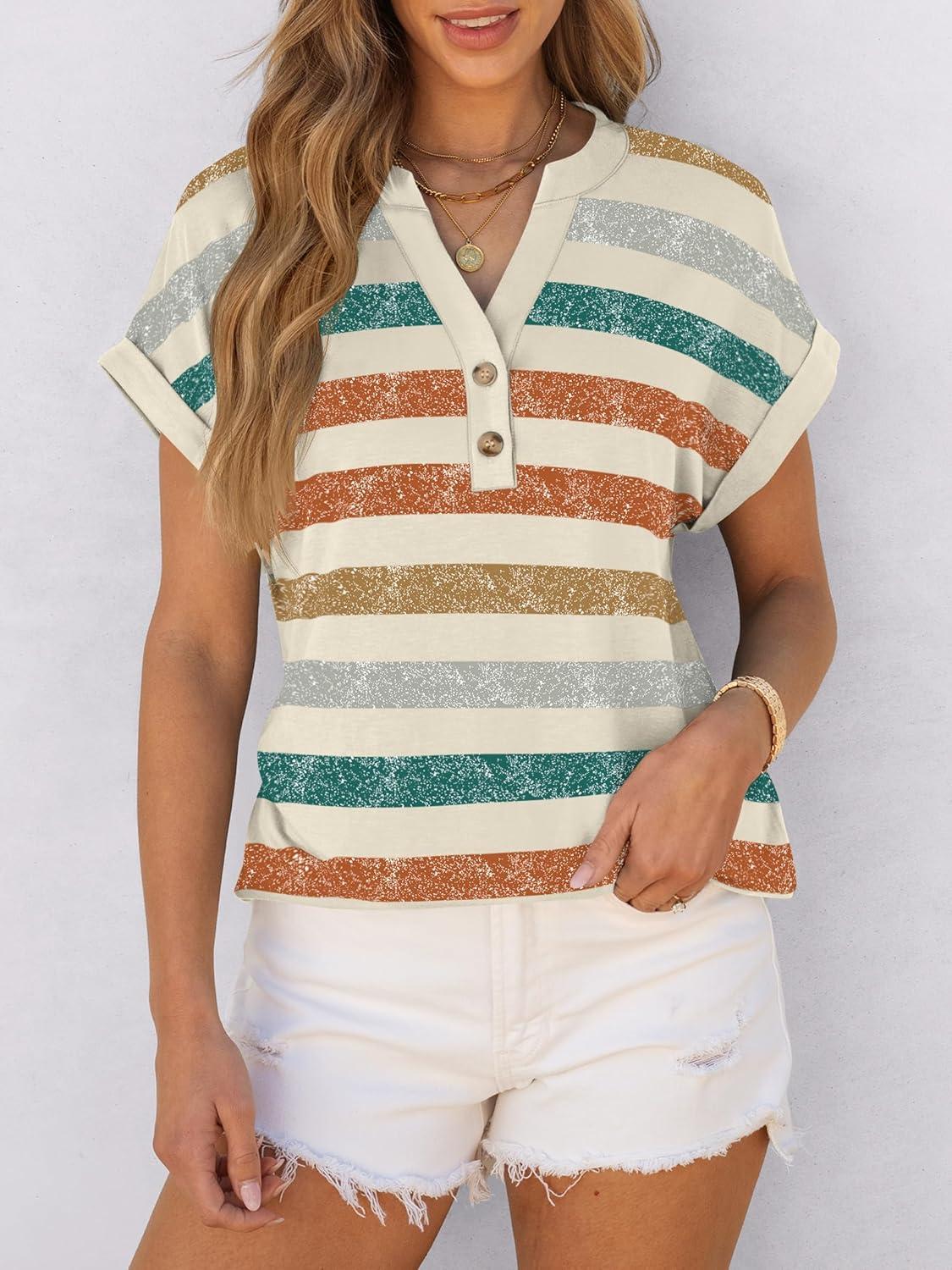 imageANRABESS Womens Short Sleeve Henley Tops V Neck Dressy Casual Blouses Summer Trendy Tee Shirts 2025 Vacation Fashion ClothesOrange Lake Strip