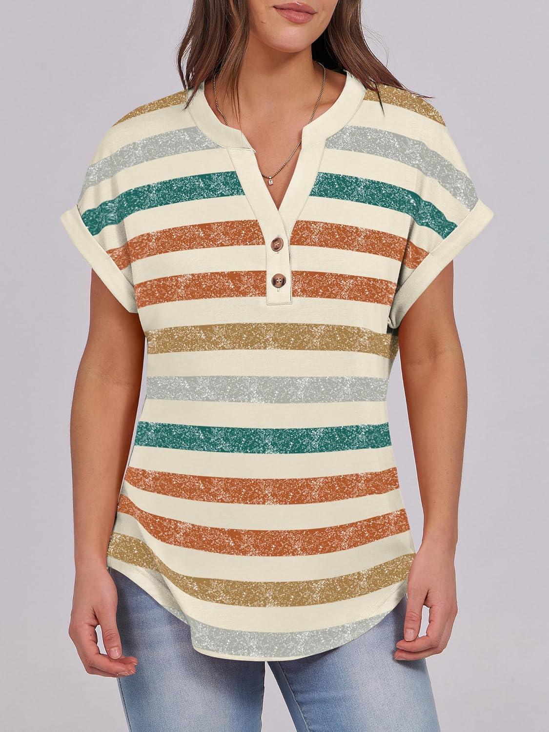 imageANRABESS Womens Short Sleeve Henley Tops V Neck Dressy Casual Blouses Summer Trendy Tee Shirts 2025 Vacation Fashion ClothesOrange Lake Strip