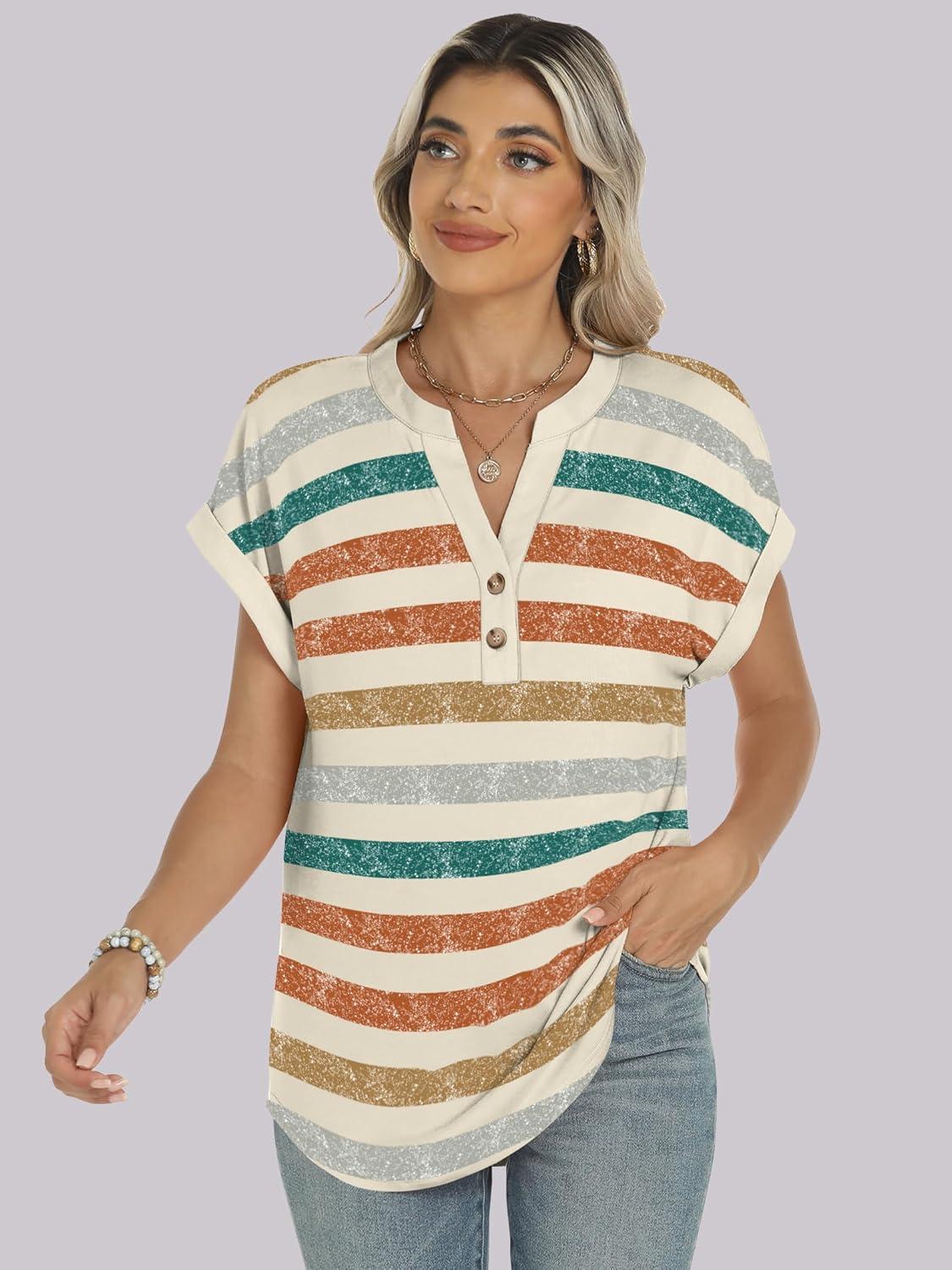 imageANRABESS Womens Short Sleeve Henley Tops V Neck Dressy Casual Blouses Summer Trendy Tee Shirts 2025 Vacation Fashion ClothesOrange Lake Strip