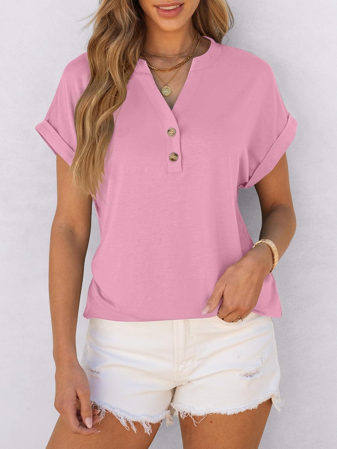 imageANRABESS Womens Short Sleeve Henley Tops V Neck Dressy Casual Blouses Summer Trendy Tee Shirts 2025 Vacation Fashion ClothesPink
